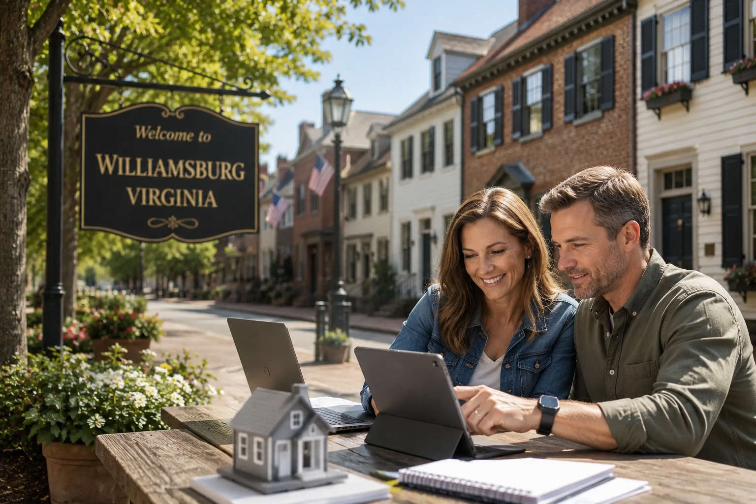 A couple searches for homes in historic Williamsburg, Virginia, using digital tools while exploring the area's charming Colonial streets and vibrant community. This photorealistic image showcases the excitement of buying a home in Williamsburg and highlights the local expertise of Horak Realty Group, the trusted real estate team serving Williamsburg, York County, James City County, and Coastal Virginia. Perfect for buyers relocating, first-time homebuyers, and families looking for homes for sale in Williamsburg, VA.