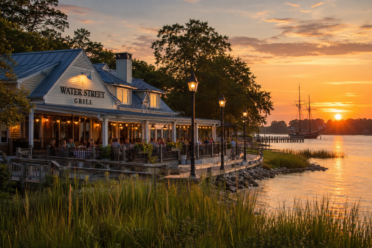 A stunning waterfront dining scene at sunset featuring Water Street Grill in Historic Yorktown, Virginia. The restaurant overlooks the scenic York River, with outdoor patio seating, glowing lanterns, lush marsh grasses, and a vibrant golden sunset reflecting across the water. Guests enjoy the relaxed coastal atmosphere while nearby boardwalks, boats, and waterfront views showcase the lifestyle that makes Yorktown one of the most desirable communities in York County. This image highlights local attractions, waterfront living, dining, tourism, and the exceptional quality of life that attracts homebuyers to the area. Ideal for content related to Yorktown real estate, waterfront homes, local restaurants, community amenities, and living in Yorktown, Virginia with Horak Realty Group.