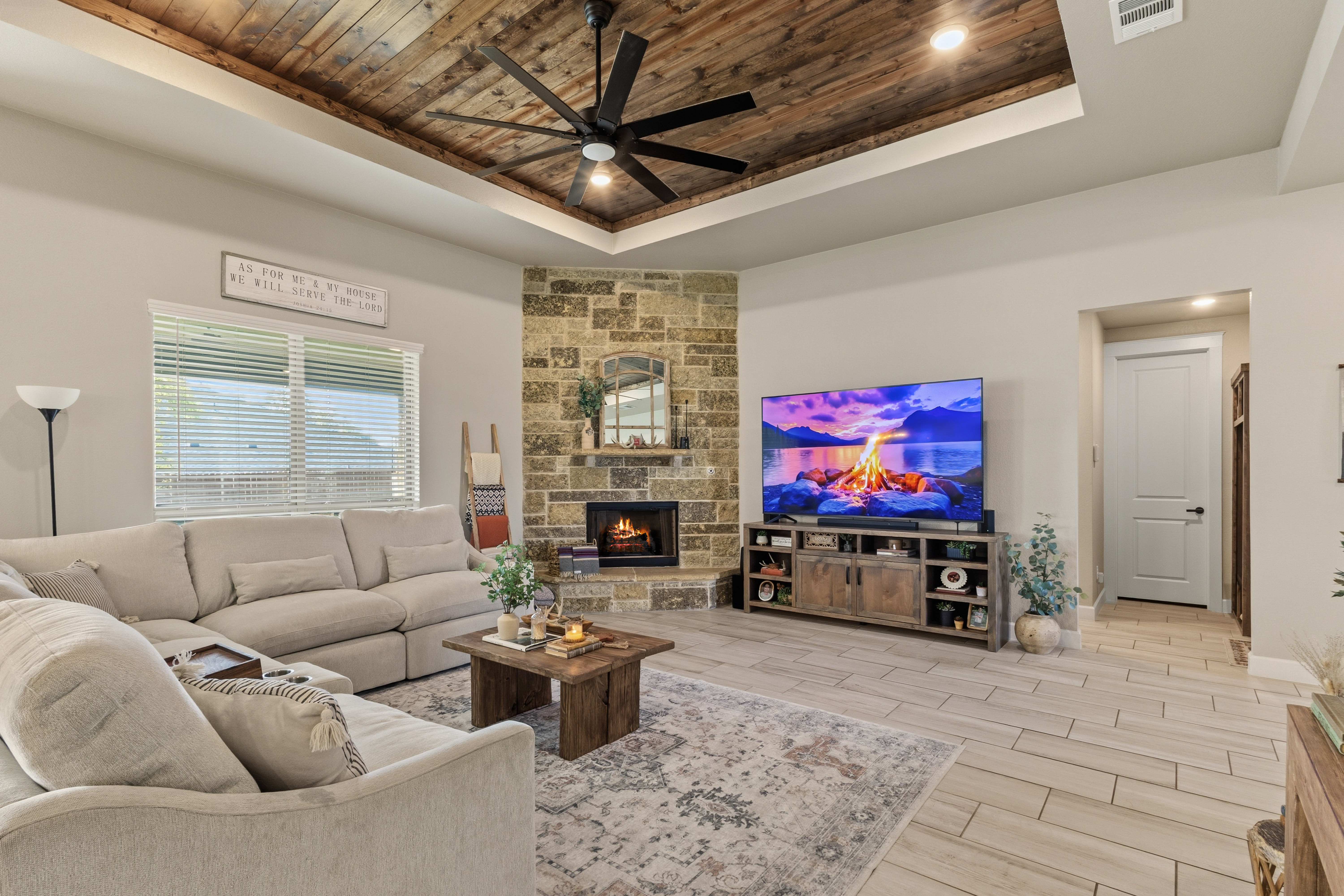 3015 Whitetail Trl Nolanville TX open concept living chef kitchen masonry fireplace custom home Bella Charca interior