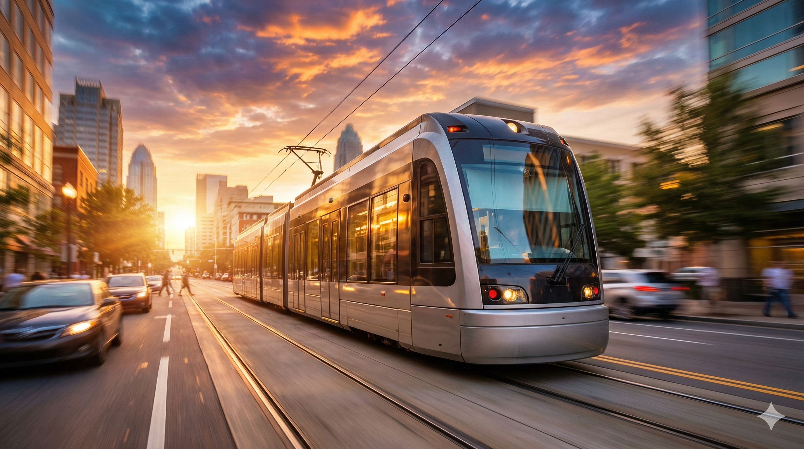 A sleek light rail train moves through Charlotte’s urban landscape. Upcoming transit projects and infrastructure investments signal increased accessibility and future property value appreciation.