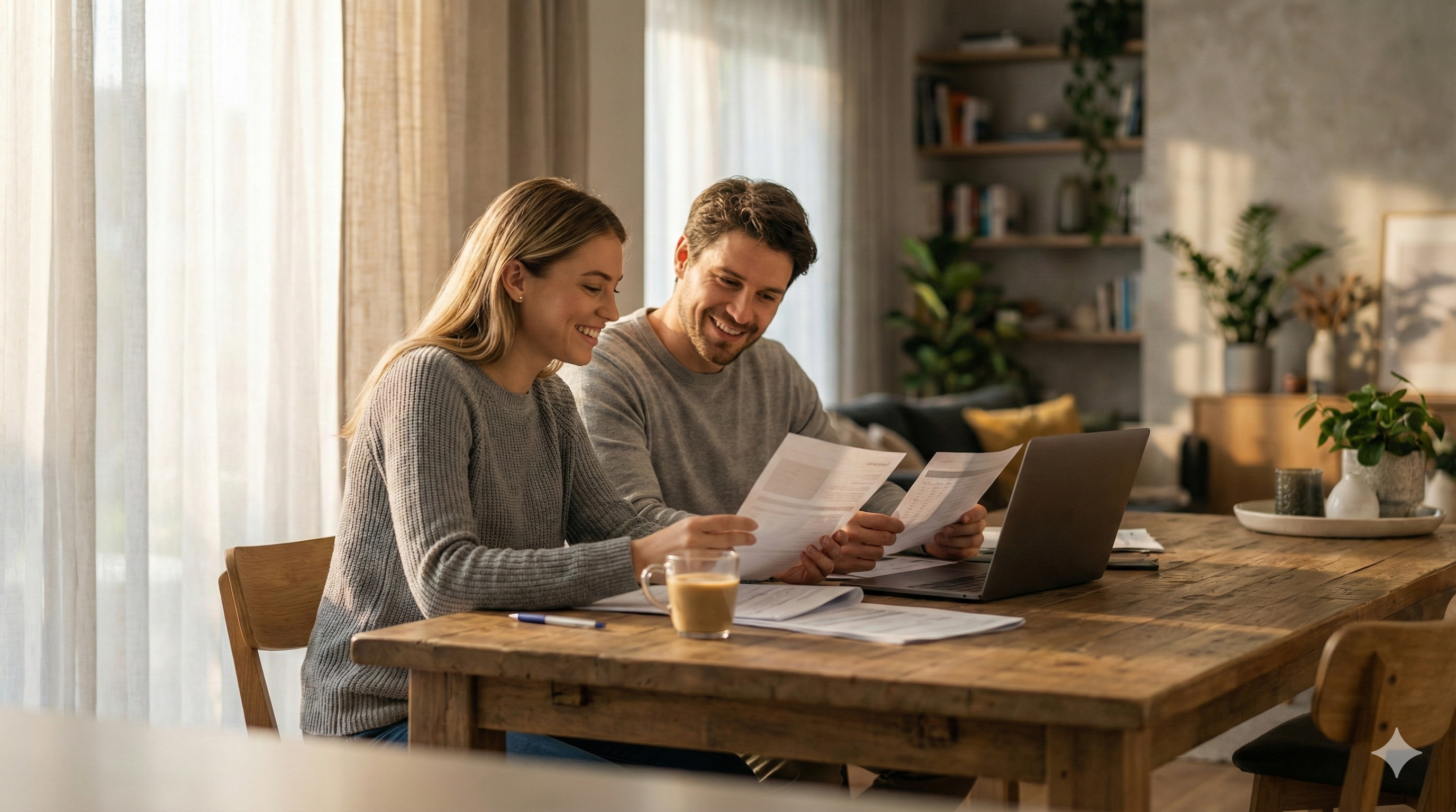 A relaxed young couple reviews home documents in a sunlit dining room. Their calm and confident expressions reflect the newfound negotiating power and breathing room buyers now enjoy.