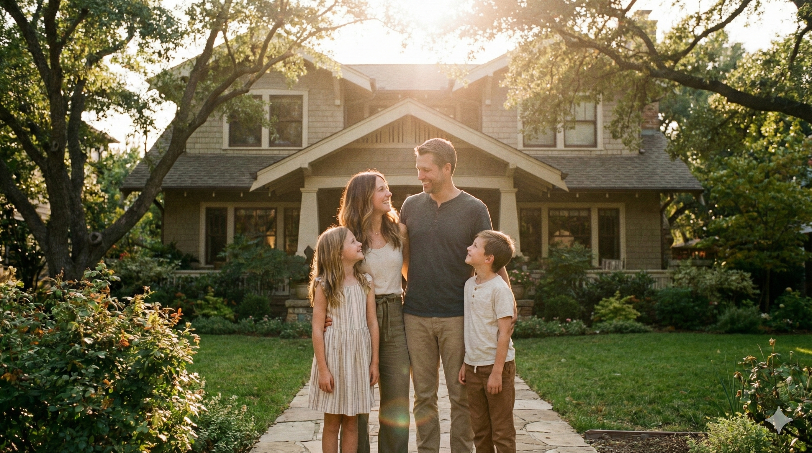 A happy family stands in front of their new home at sunset. The image conveys the opportunity for buyers to enter the market calmly, secure a home, and invest in Charlotte’s growing neighborhoods.