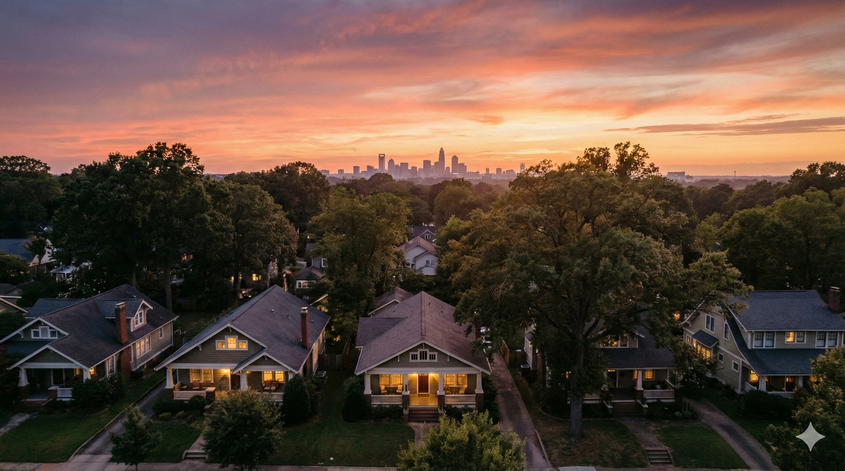 A wide-angle view of a suburban neighborhood with modern homes and green lawns. Increased inventory gives buyers more options and a stronger position in the Charlotte housing market.