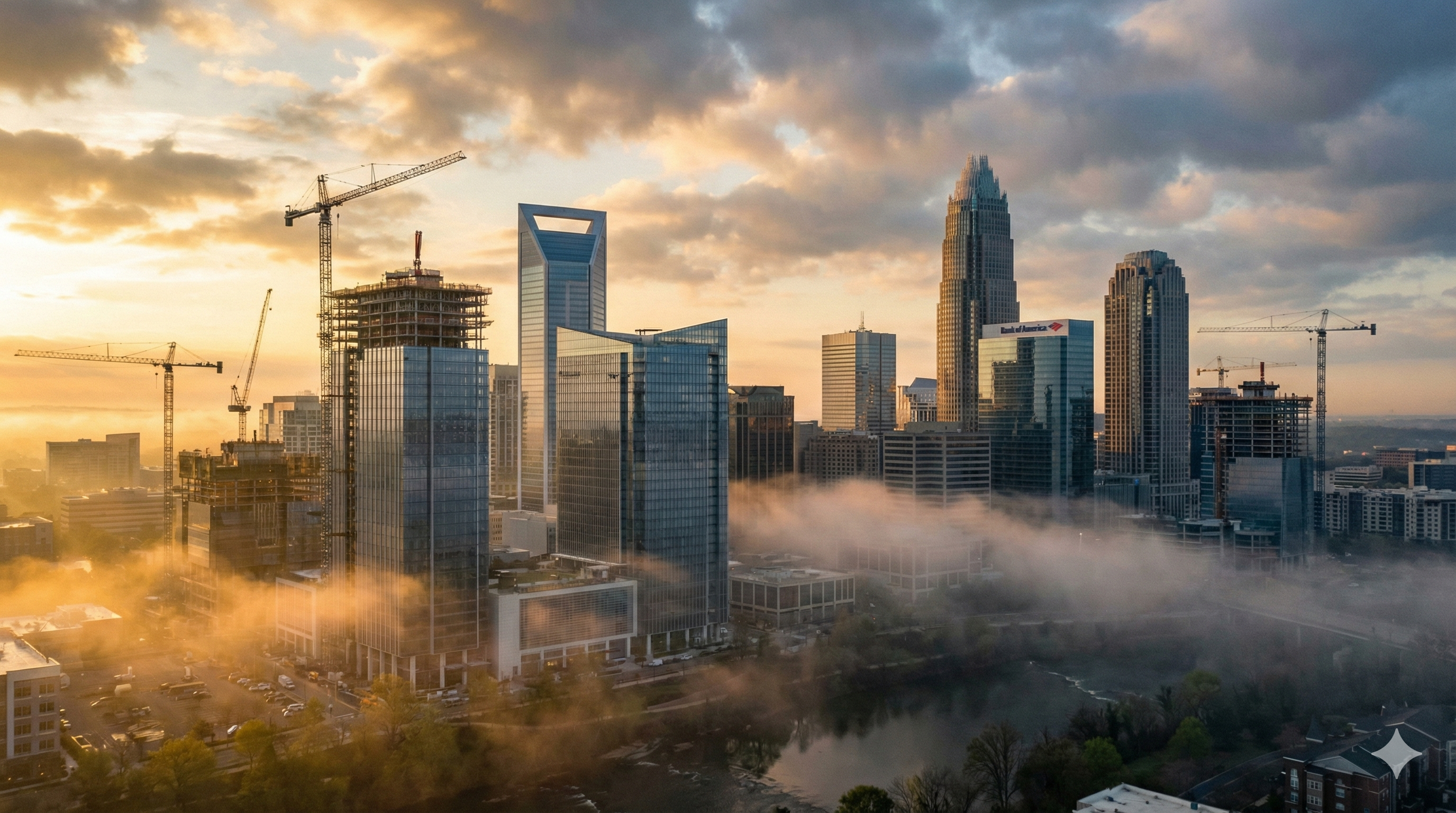 Construction cranes rise above new buildings in Charlotte, symbolizing the city’s continued growth and strong economic foundations that support long-term home value stability.