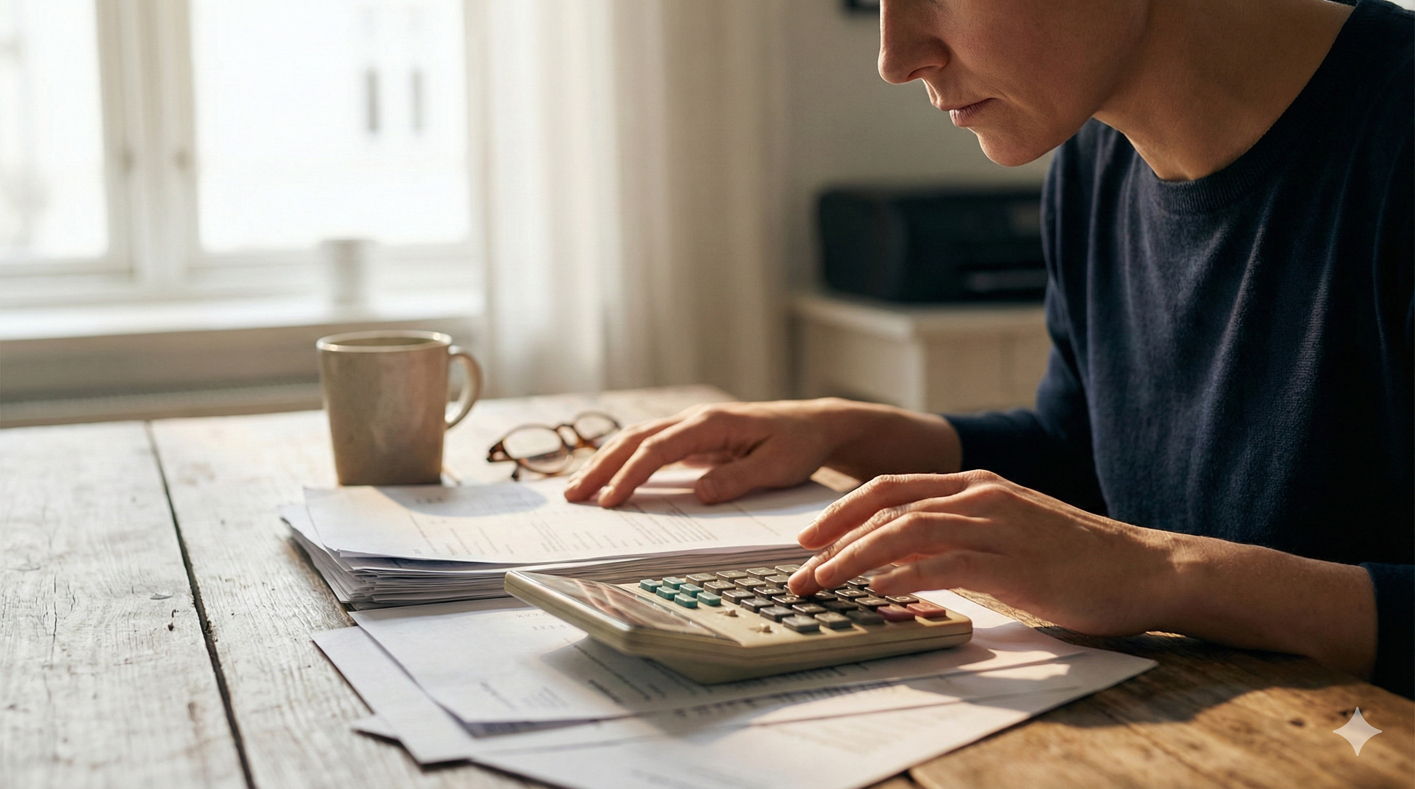 A person calculates bills at a desk, emphasizing the importance of budgeting for insurance, taxes, and maintenance — hidden costs that can affect overall affordability in the Charlotte market.