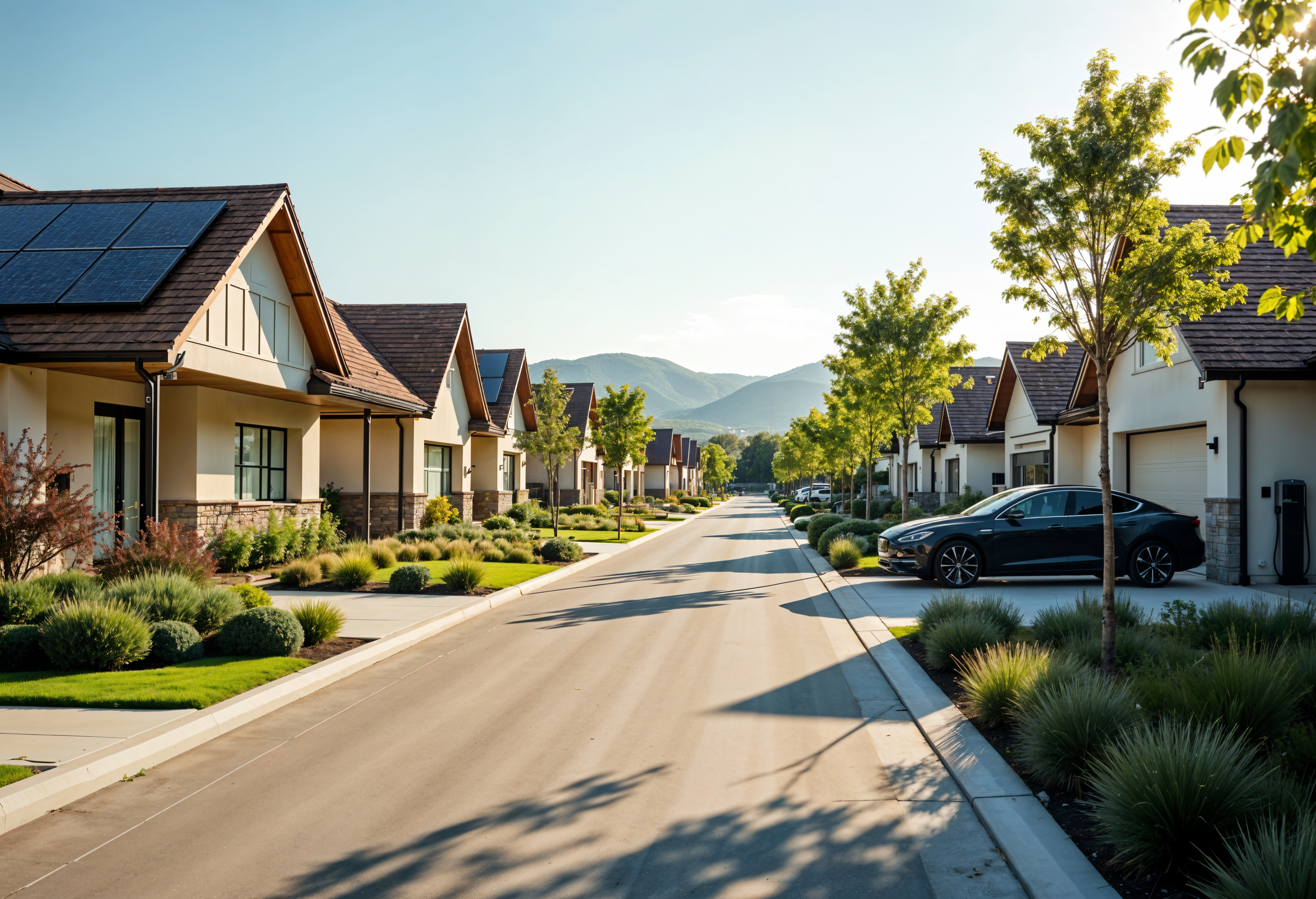 Suburban two-story home with a manicured lawn and colorful landscaping; in the foreground a clipboard with market charts, a wooden house model, keys, and a calculator sit on a table — a real estate and home-sale concept.