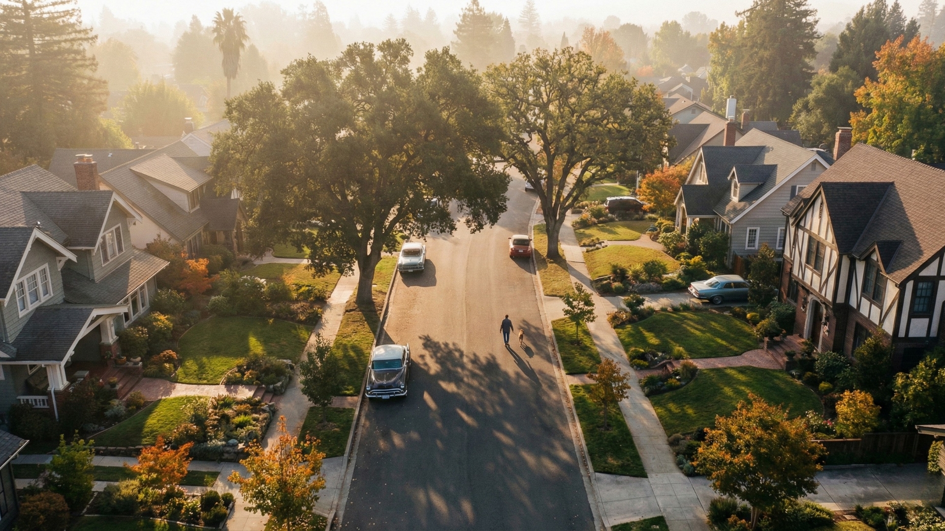 A high-angle, cinematic view of a quiet, tree-lined residential street during golden hour. A person walks a dog down the center of the road past parked vintage-style cars.