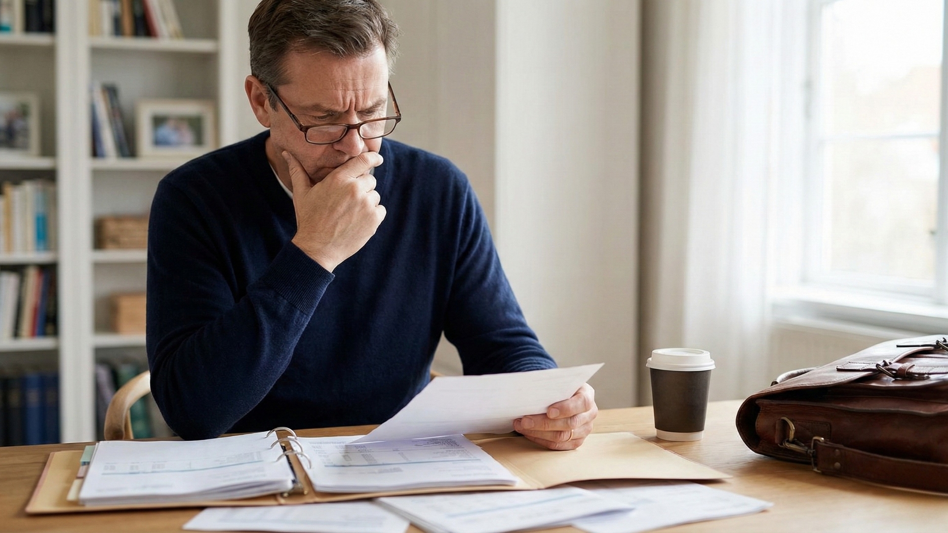A middle-aged man looking thoughtful with his hand to his chin as he reviews a binder of paperwork. A coffee cup and a leather briefcase are on the table next to him.