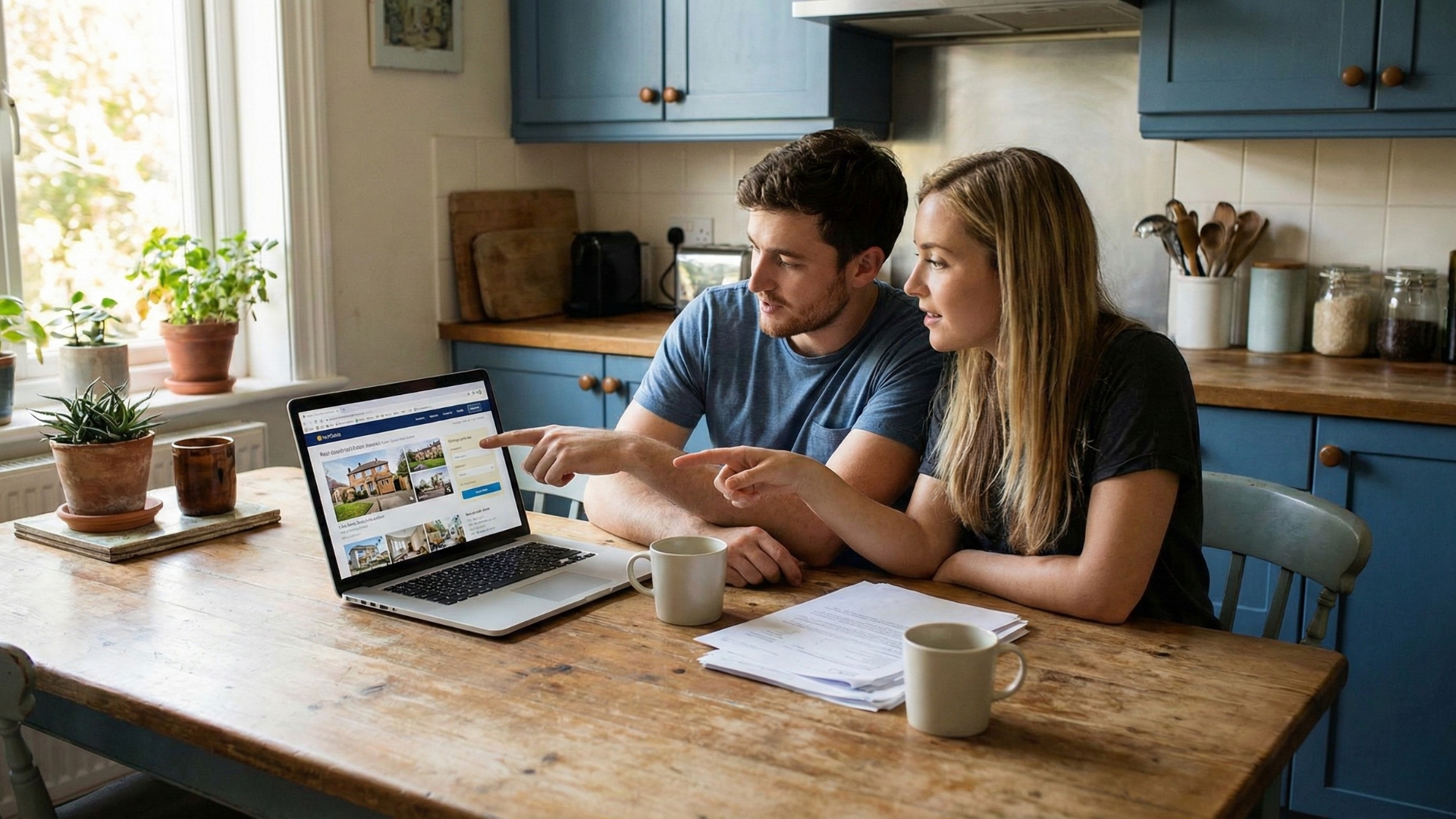 A young couple sitting at a wooden kitchen table, looking at a laptop screen together while the man points at the display. There are papers and two coffee mugs on the table in a kitchen with blue cabinetry.