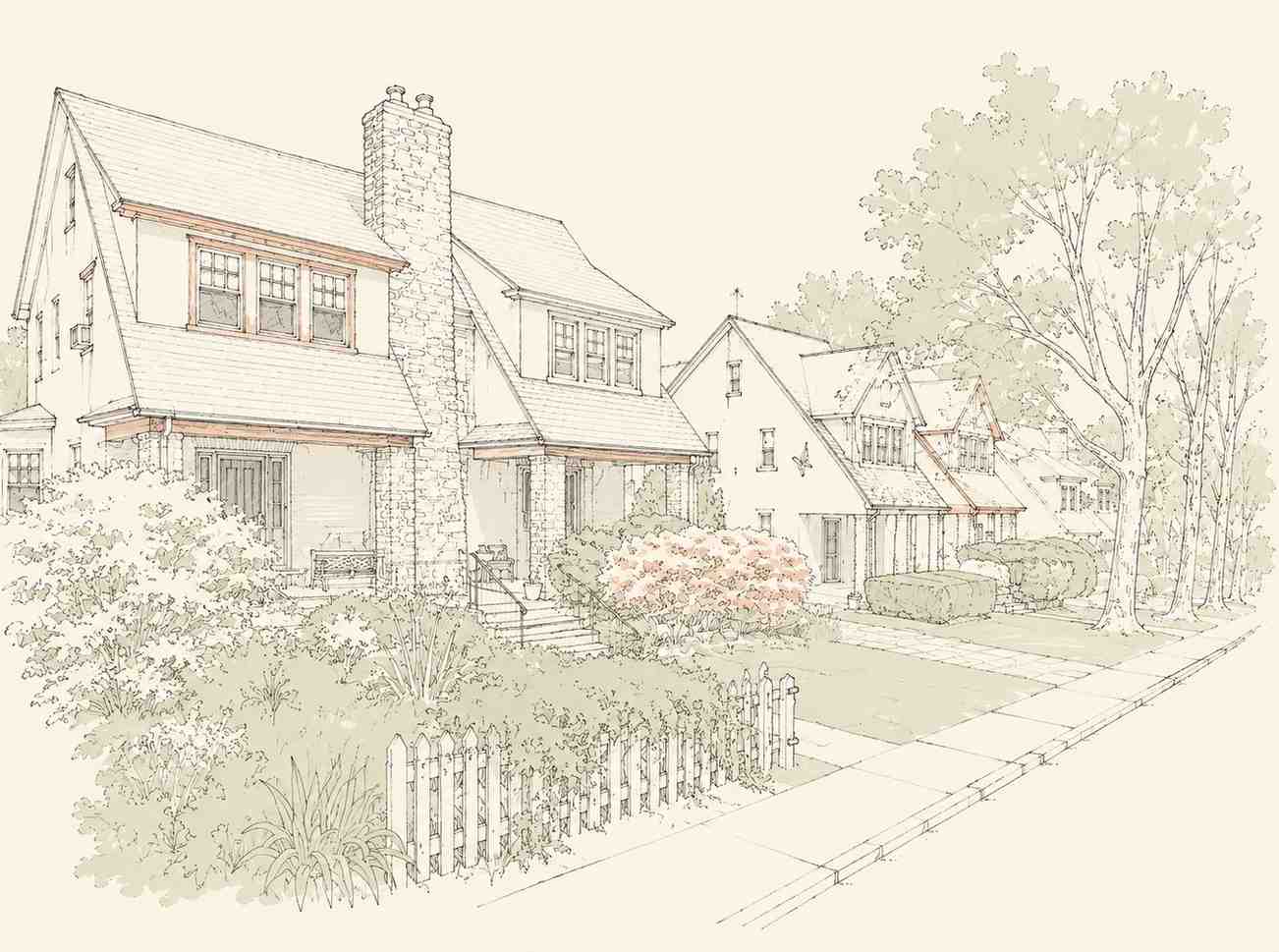 Architectural sketch of historic stone and Tudor-style Craftsman homes with prominent stone chimneys and garden picket fences in Elkins Park.