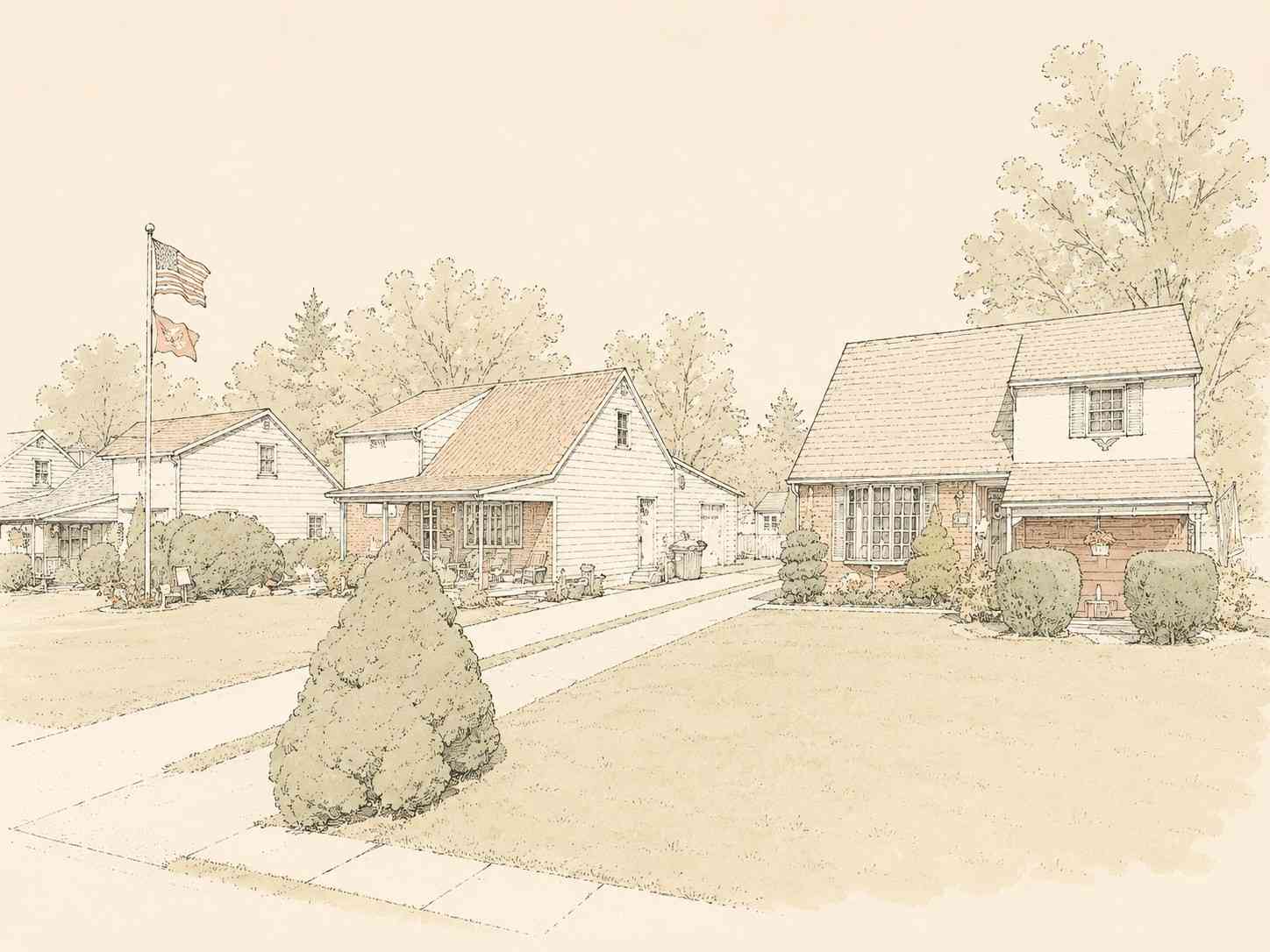 Line drawing of a quiet residential neighborhood in King of Prussia featuring mid-century split-level homes and large green front lawns.