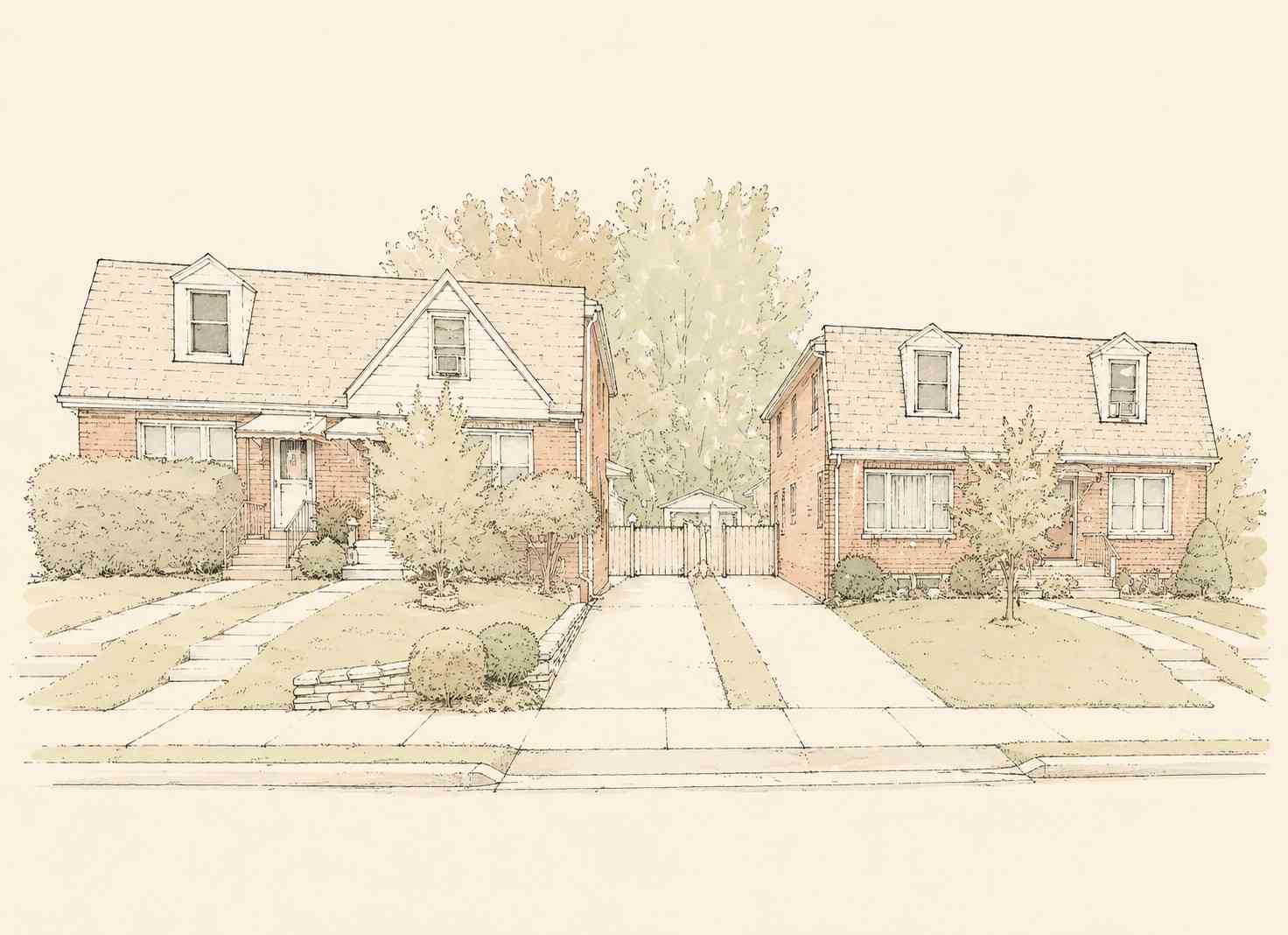 Architectural drawing of traditional brick duplex homes with front yards, dormer windows, and shared driveways in Norristown, Pennsylvania.