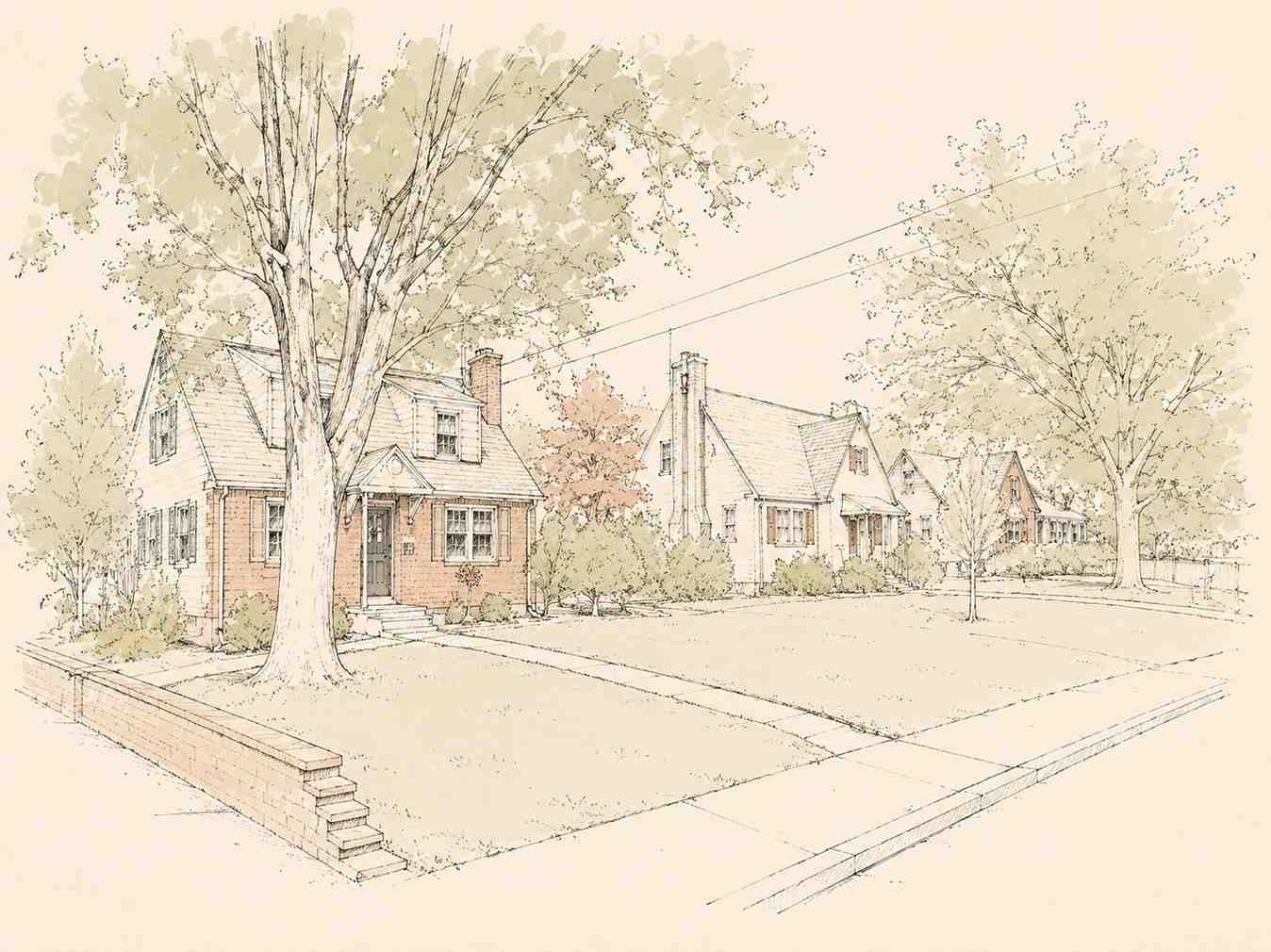 Architectural sketch of tree-lined suburban street with Cape Cod and cottage-style homes with front lawns in North Wales, Pennsylvania.
