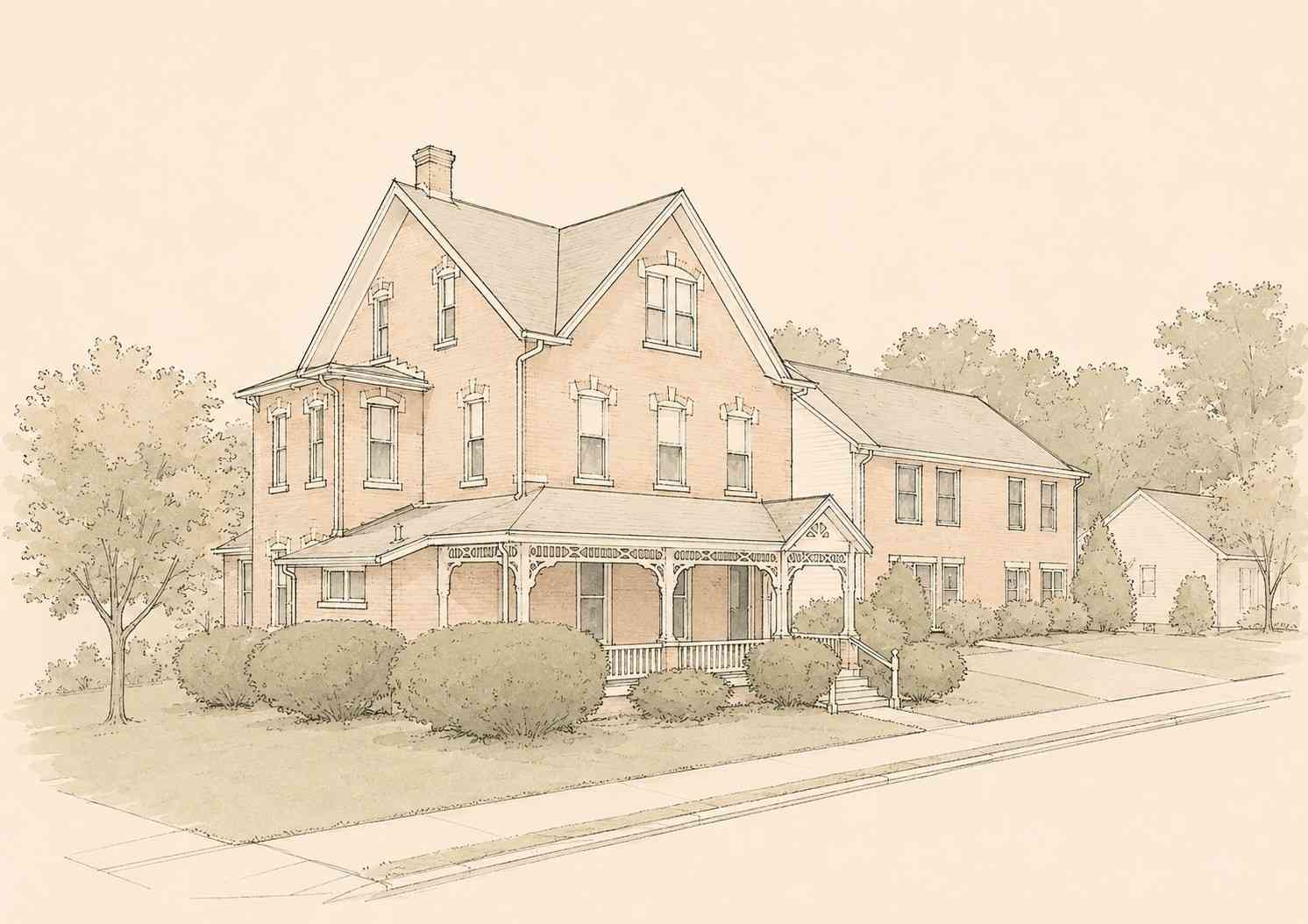 Architectural line illustration of a grand historic Victorian-style brick home with a detailed wrap-around front porch and side addition in Spring City, Pennsylvania.