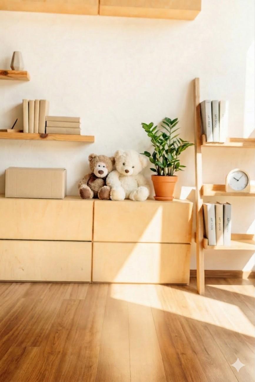 A cozy room with warm light, featuring wooden shelves and cabinets topped with two teddy bears and a potted plant. Books and a clock add a homely touch.