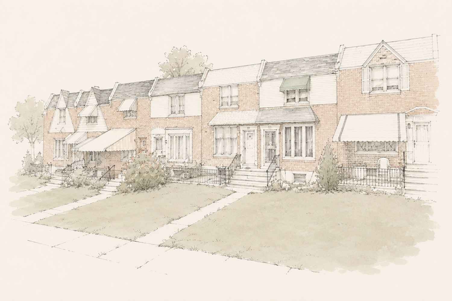 Watercolor and ink architectural sketch of a row of traditional brick townhouses with small front lawns, awnings, and steps.