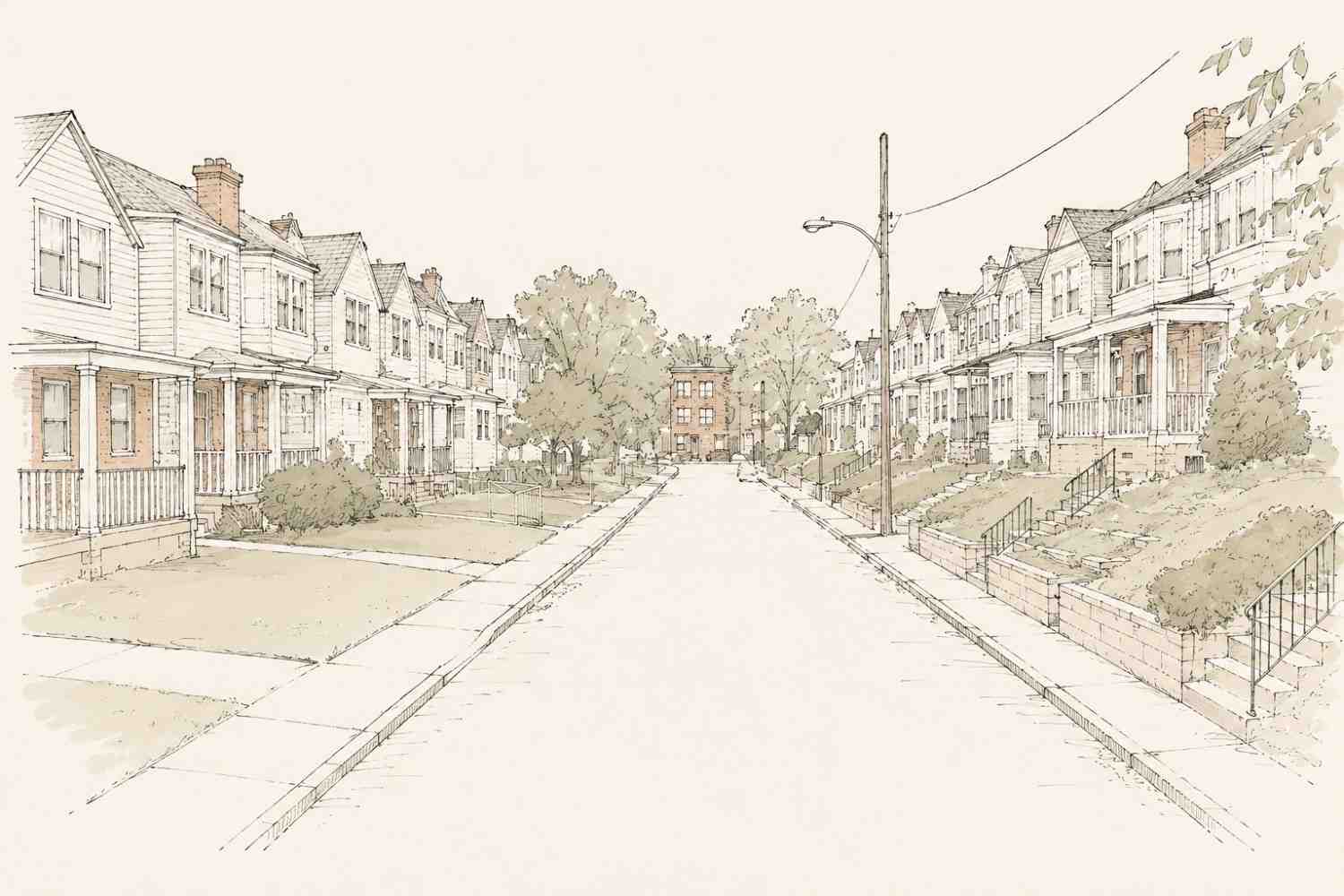 Architectural perspective sketch of a quiet suburban street lined with historic row houses, front porches, lawns, and trees in a watercolor and ink style.
