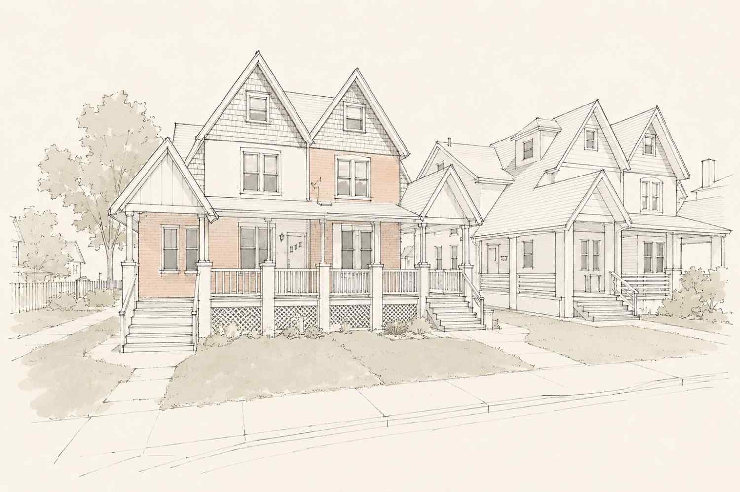 Architectural watercolor and ink sketch of beautiful Craftsman-style multi-family residential homes featuring prominent front porches and double-gabled roofs.