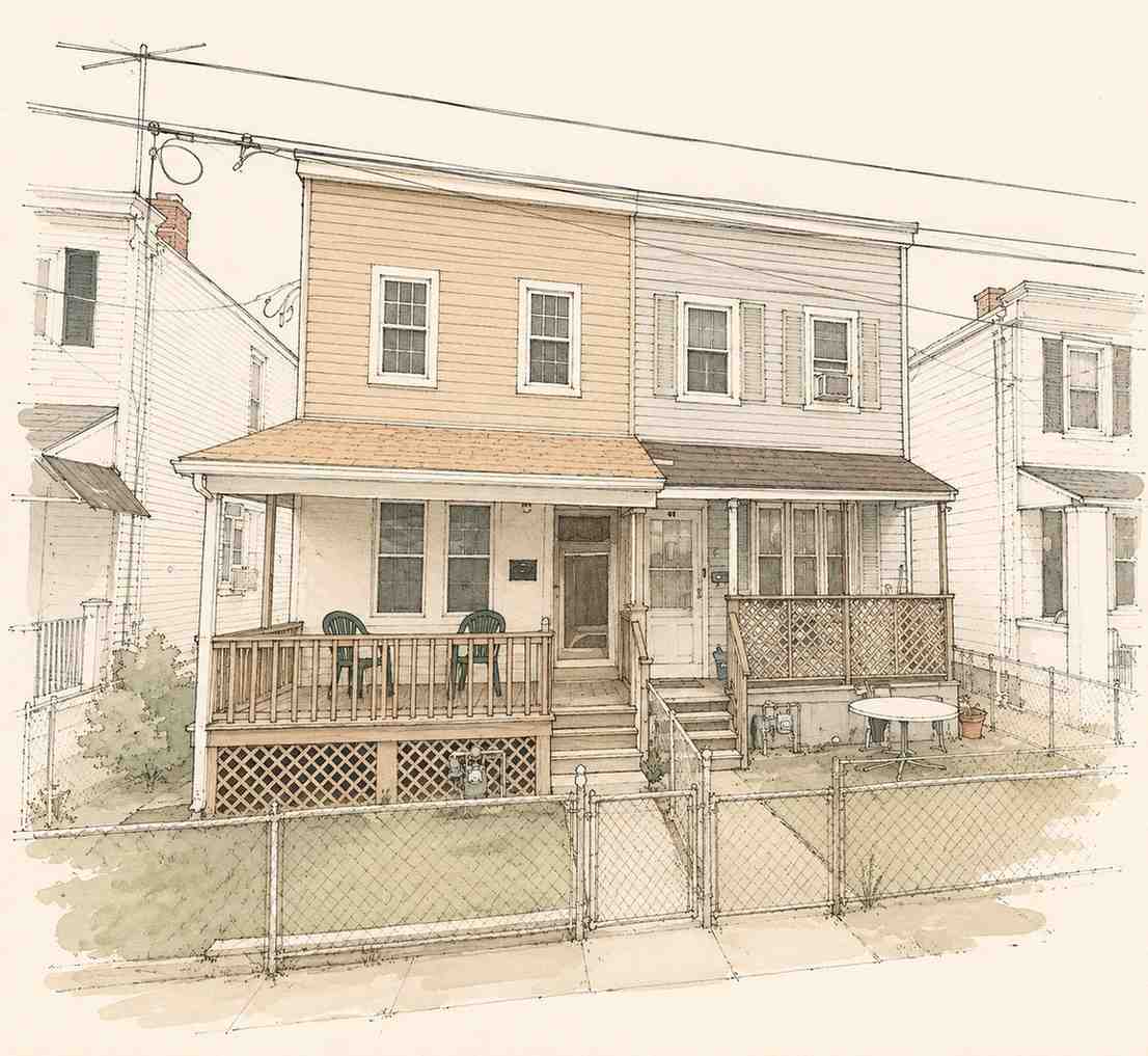 Watercolor and ink architectural illustration of a vintage two-story duplex house featuring front porches, small fenced yards, and classic siding.