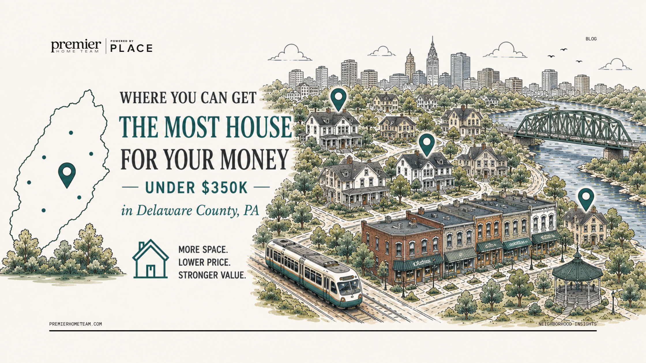 A real estate blog header image with a cream-colored background featuring a large, detailed line-art illustration of a townscape along a river. On the left side, bold text reads, 