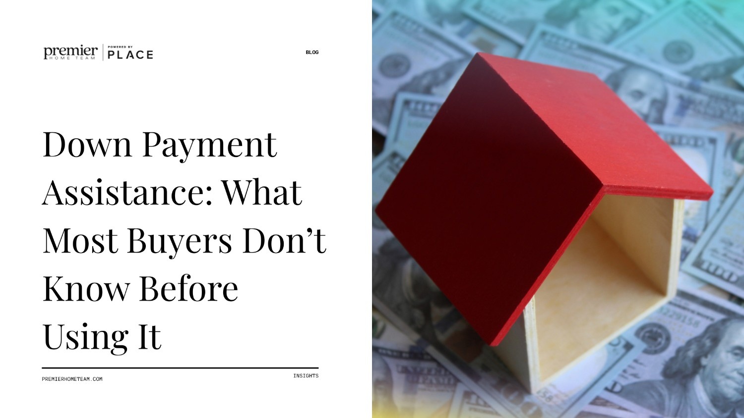 A model toy house with a bright red roof sitting on top of a background of one hundred dollar bills, featuring the blog text 