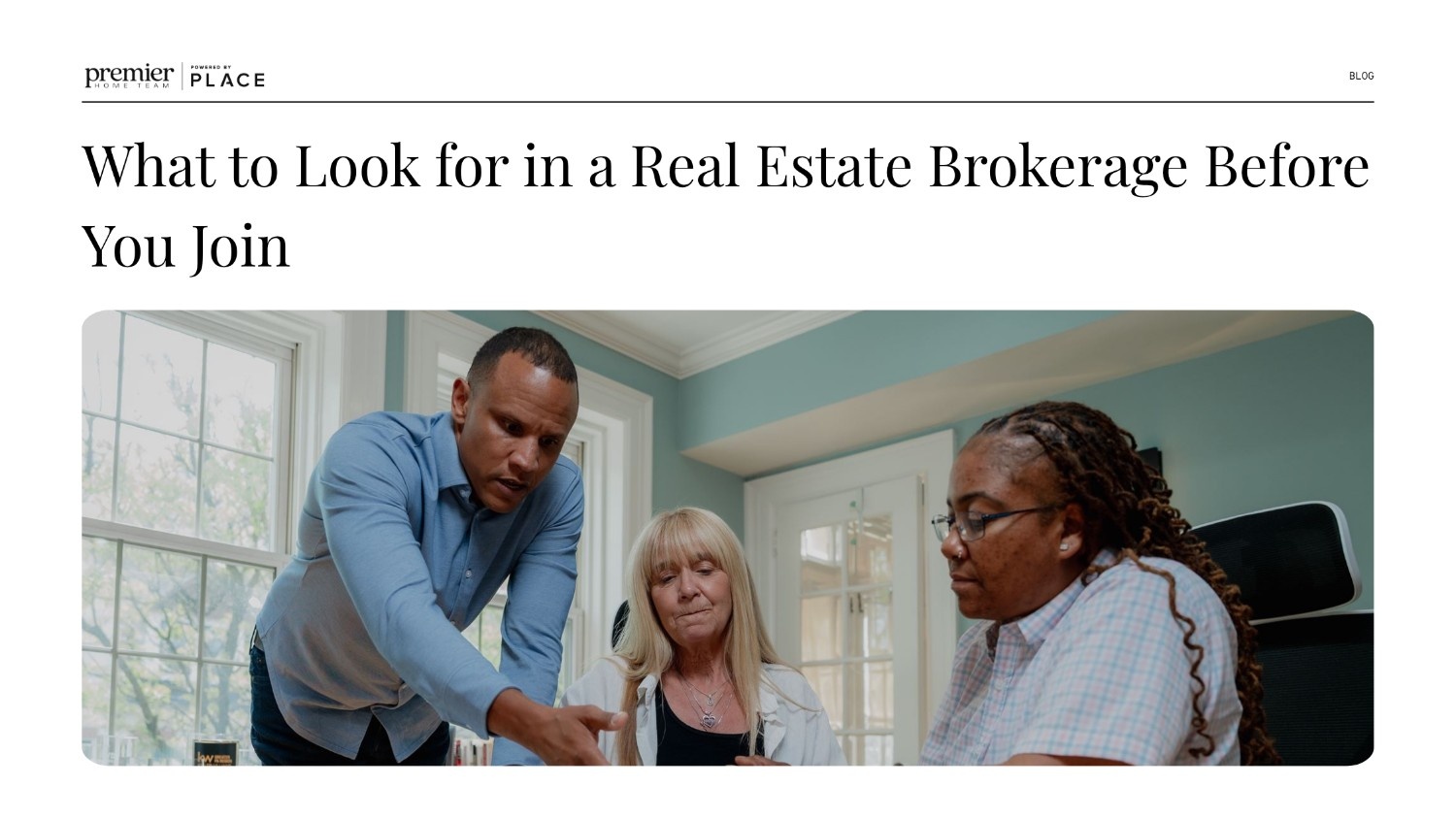 A real estate recruiting blog header image featuring a white background with bold black serif text that reads, 