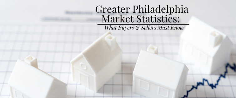 Blog header image with the text overlay: 'Greater Philadelphia Market Statistics: What Buyers & Sellers Must Know.' The visual background features tiny white house models sitting on top of a financial chart with a blue trend line, representing real estate market trends.