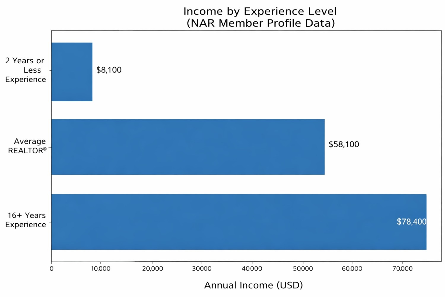 Bar graph showing income levels based on different experience levels.