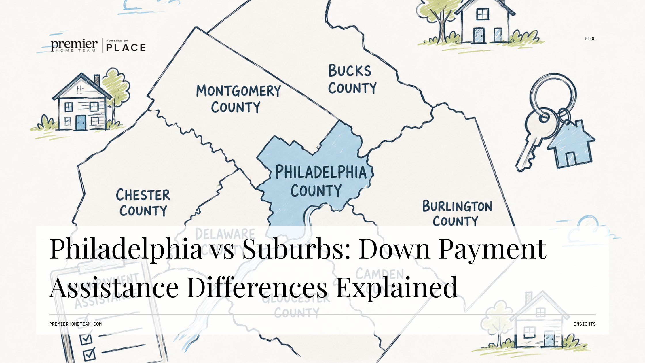 Down Payment Assistance comparison guide map graphic from Premier Home Team. Features a sketch of Philadelphia County and surrounding PA/NJ counties, including Montgomery, Bucks, Chester, and Burlington, with the text overlay 