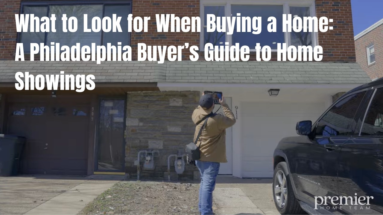 A home buyer or real estate agent stands in the driveway of a brick Philadelphia rowhouse, using a tablet to take a photo of the exterior during a home showing. Bold white text overlay reads, 