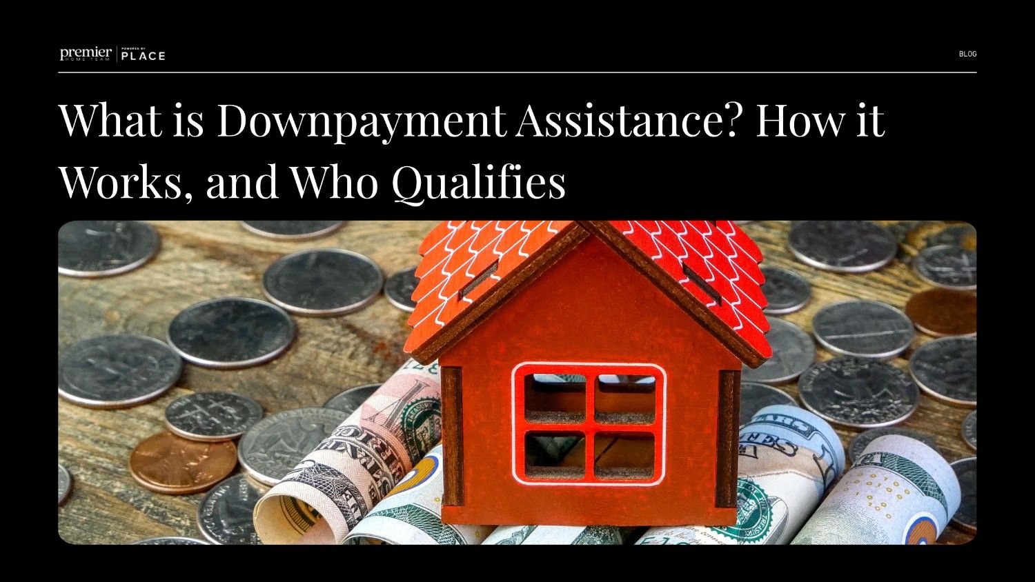 A small toy house sitting on top of rolled US dollar bills and silver coins, with text overlay reading 