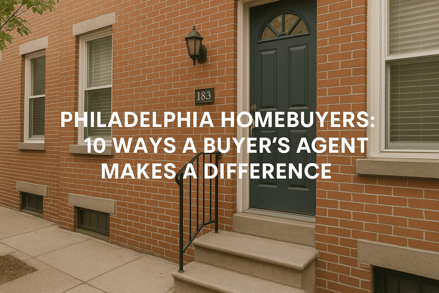 Philadelphia rowhome facade with text over the top 