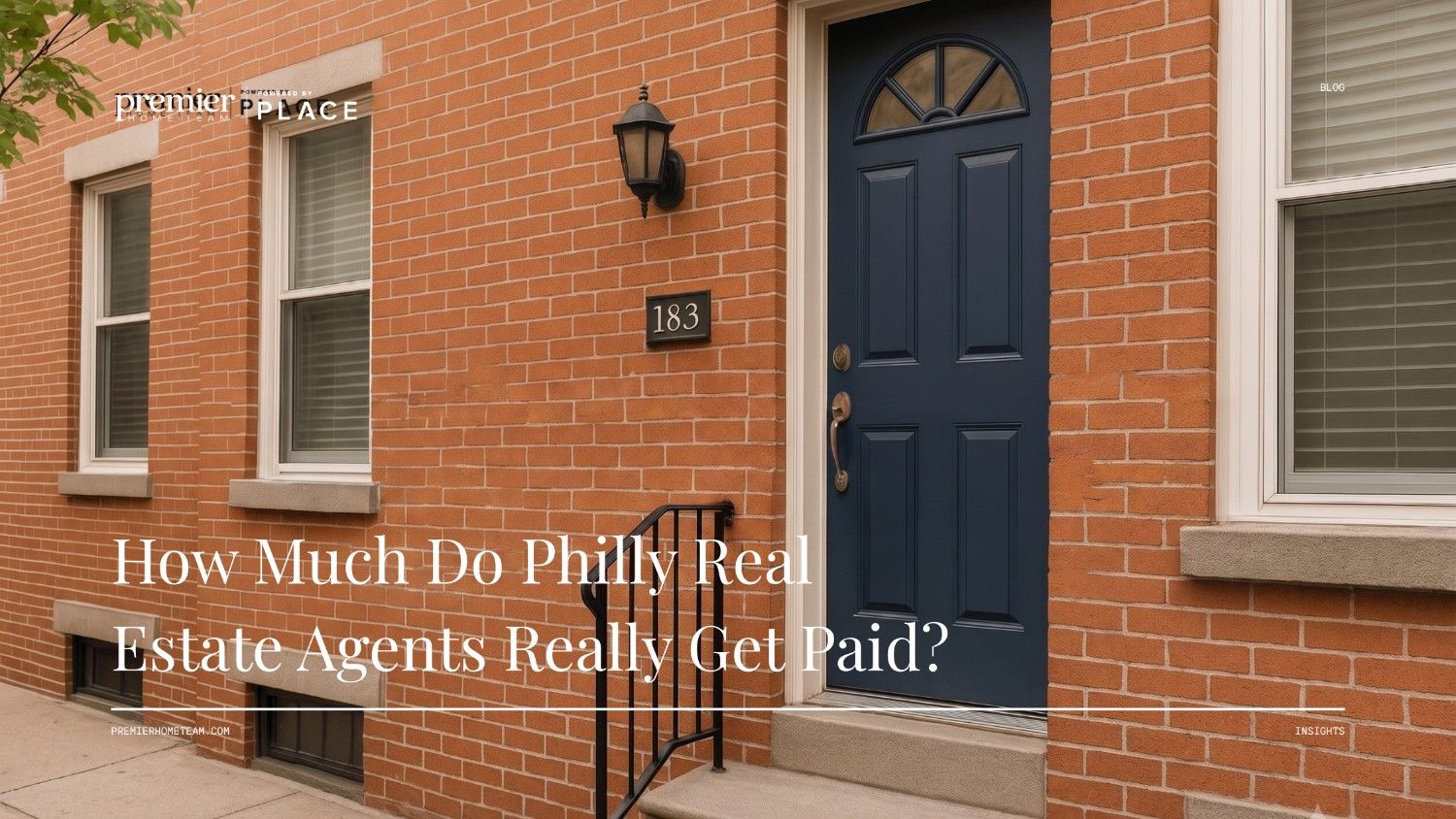 A classic Philadelphia brick home exterior with a blue door, serving as the header image for a guide on Philly real estate agent salaries and commission splits.