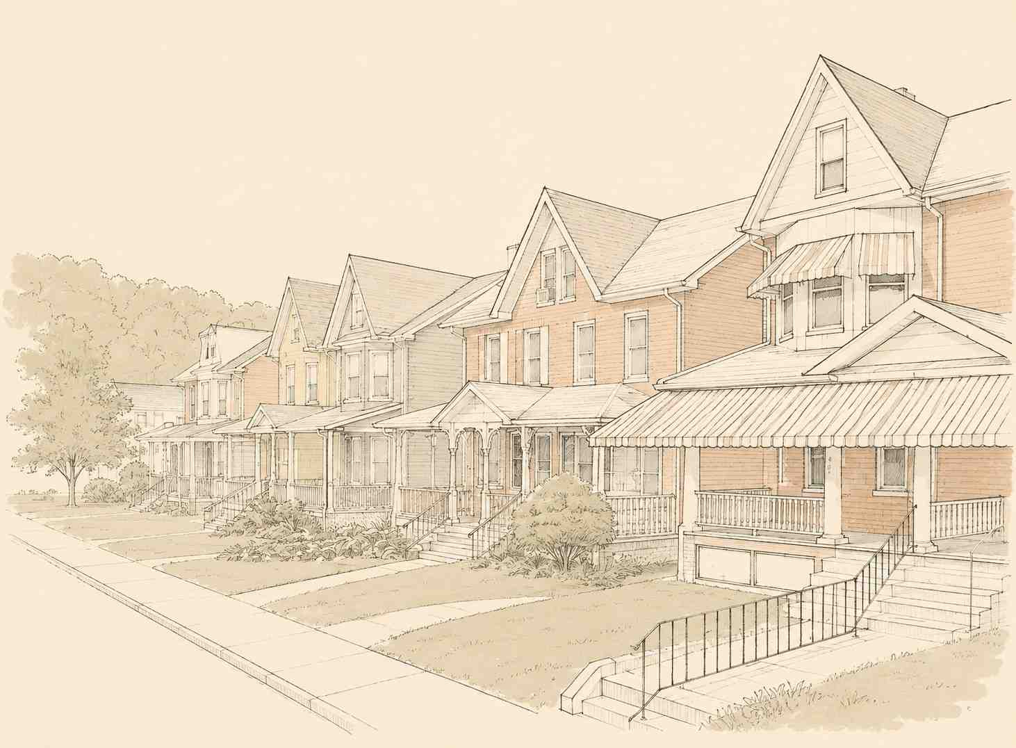 Architectural drawing depicting a street of historic multi-story brick rowhouses and townhomes with striped window awnings and front porches in Coatesville, Pennsylvania.