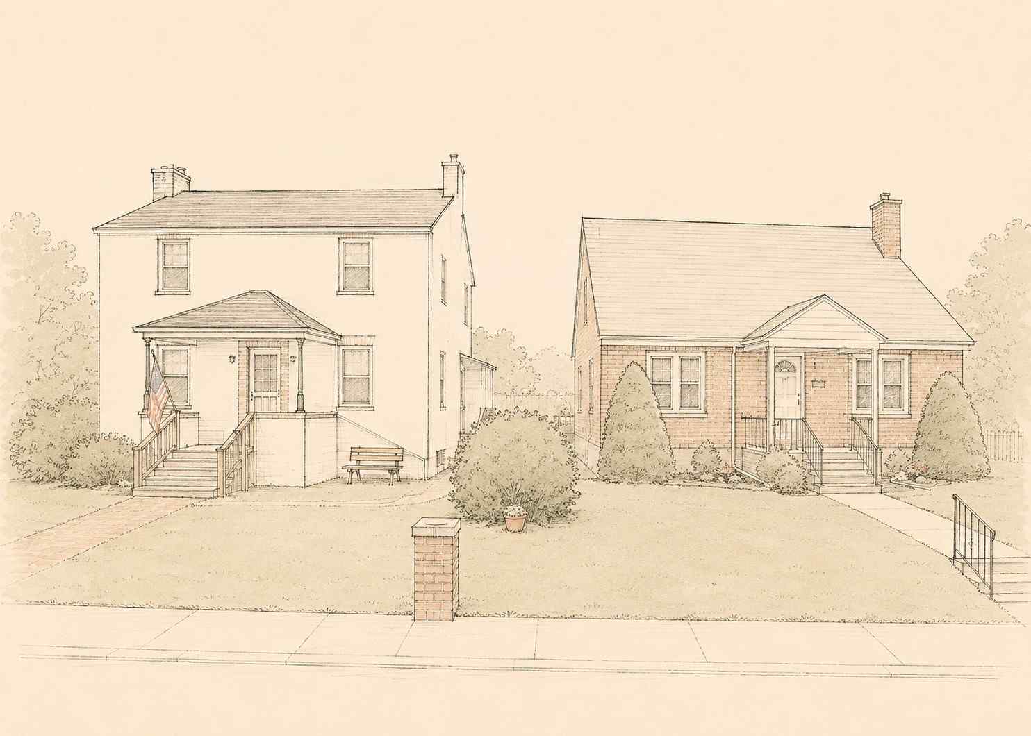 Architectural illustration of charming single-family colonial and Cape Cod homes with front lawns and entry stoops in Downingtown, Pennsylvania.
