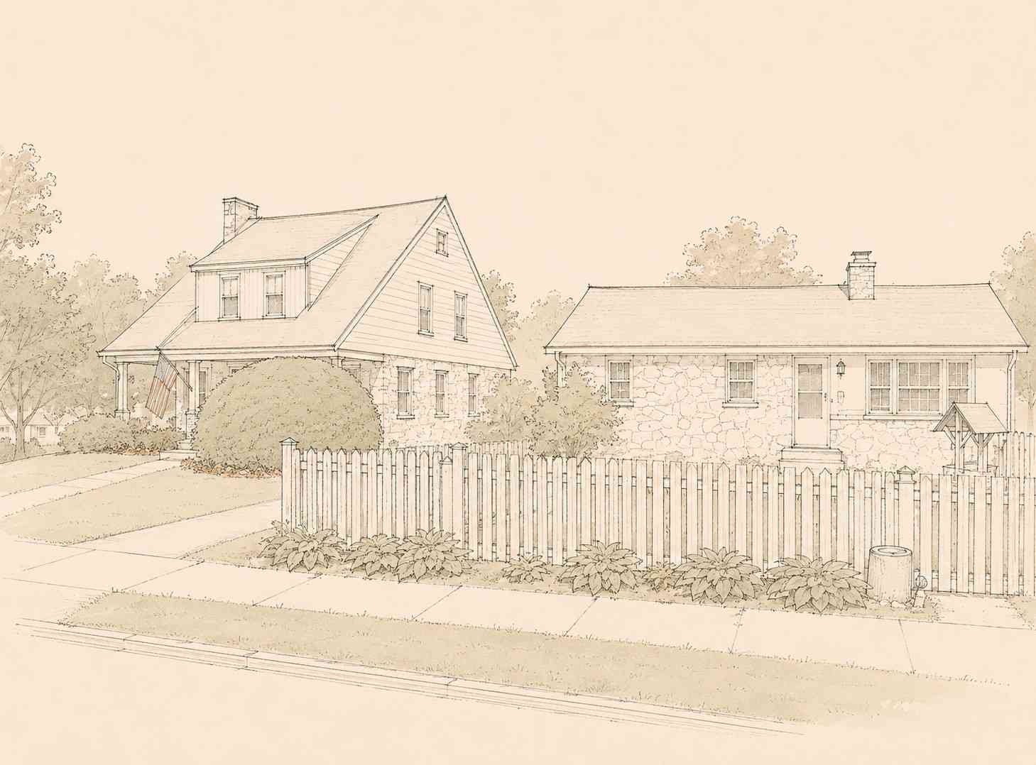 Line drawing of stone-front cottage and Cape Cod style single-family homes behind a wooden picket fence in Oxford, Pennsylvania.
