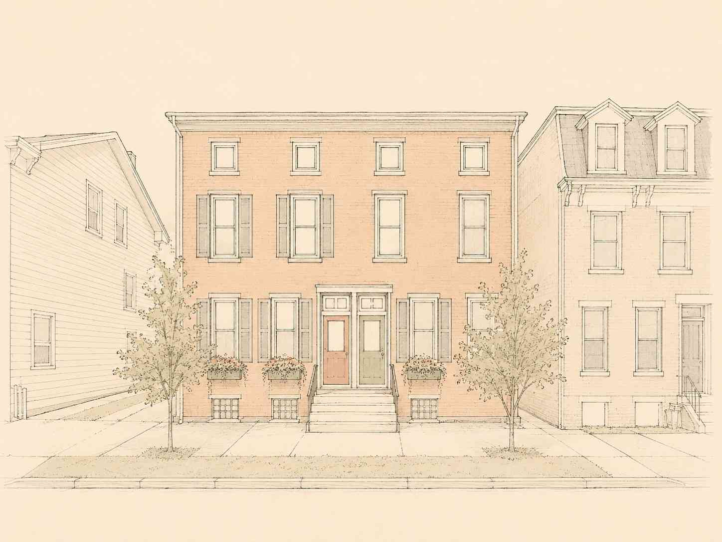 Detailed architectural sketch of a historic three-story brick duplex with window boxes, front door stoop, and tree-lined sidewalk in Phoenixville, Pennsylvania.