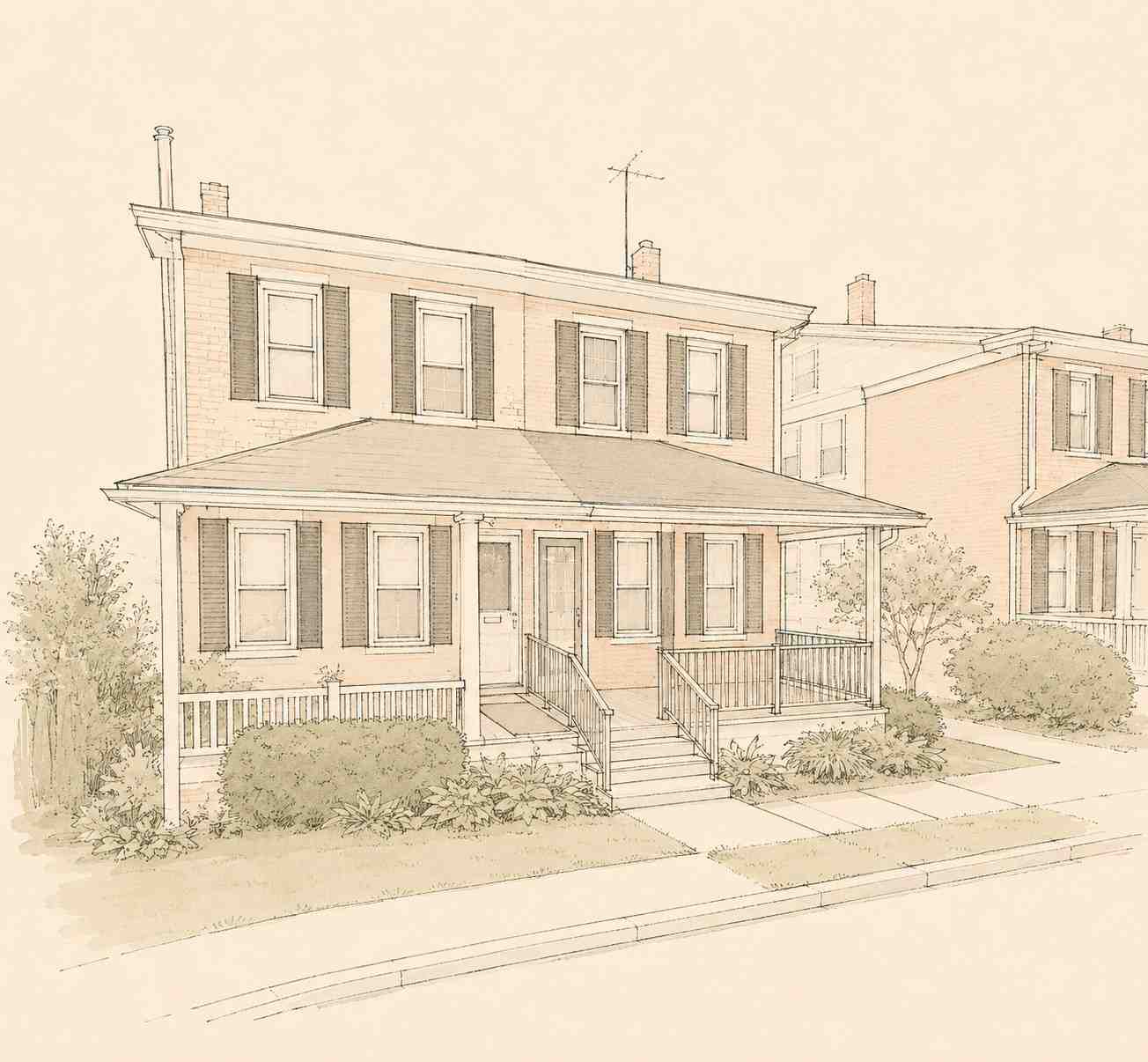 Architectural sketch of traditional two-story brick twin homes featuring covered front porches and black window shutters on a sidewalk in West Chester, Pennsylvania.