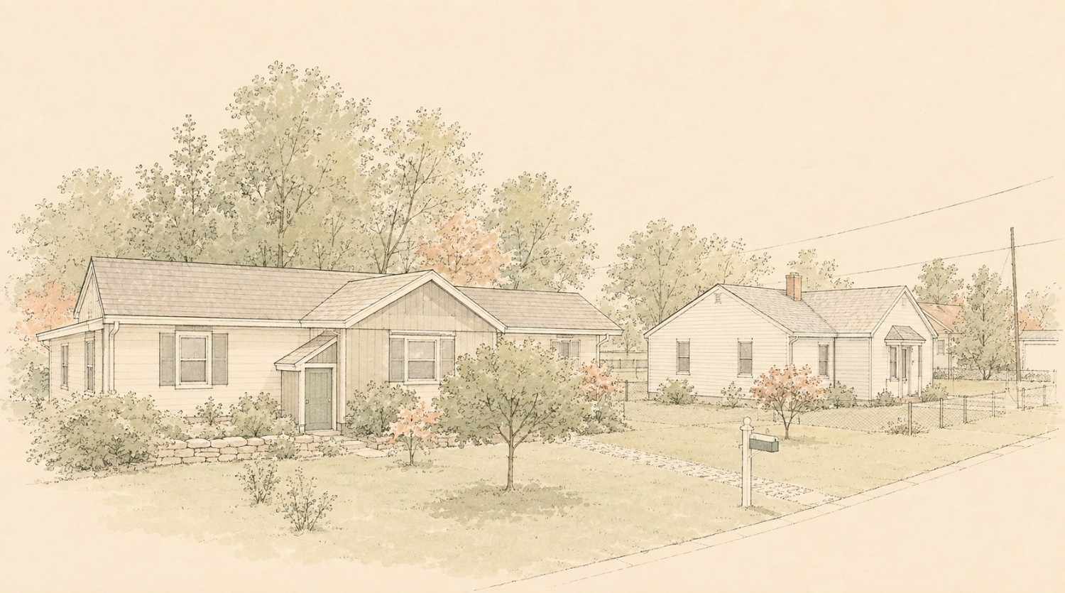 Architectural sketch of quiet suburban ranch and cottage-style single-family homes with spacious front lawns in Bensalem, Pennsylvania.