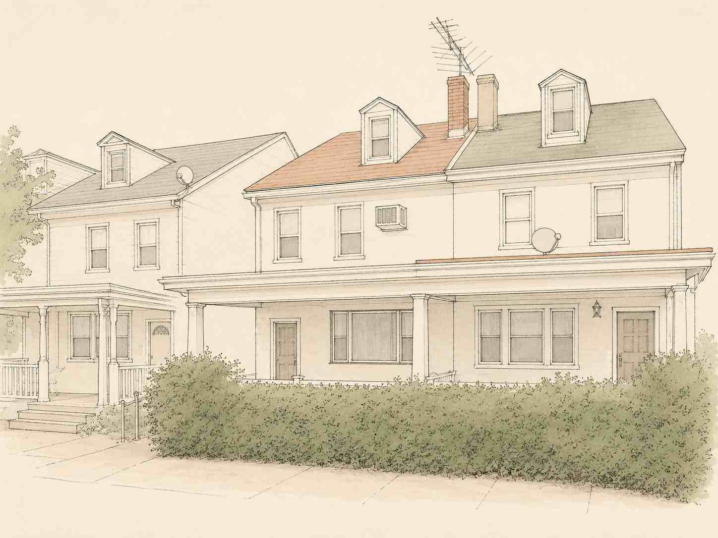 Detailed architectural drawing of classic two-story twin homes with wide front porches and dormer windows in Bristol, Pennsylvania.