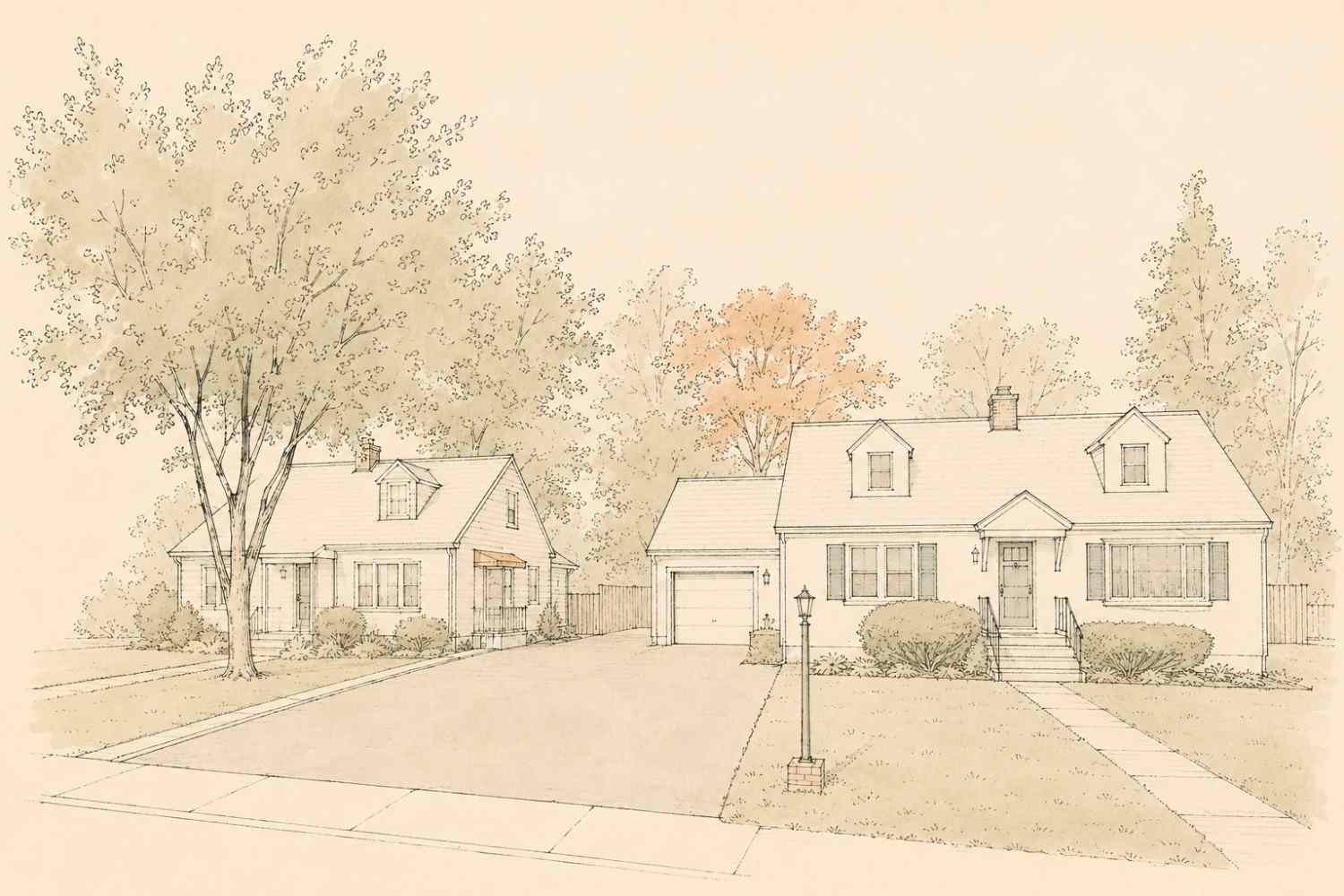 Architectural sketch of detached Cape Cod style homes with front yards, paved driveways, and trees in Morrisville, Pennsylvania.