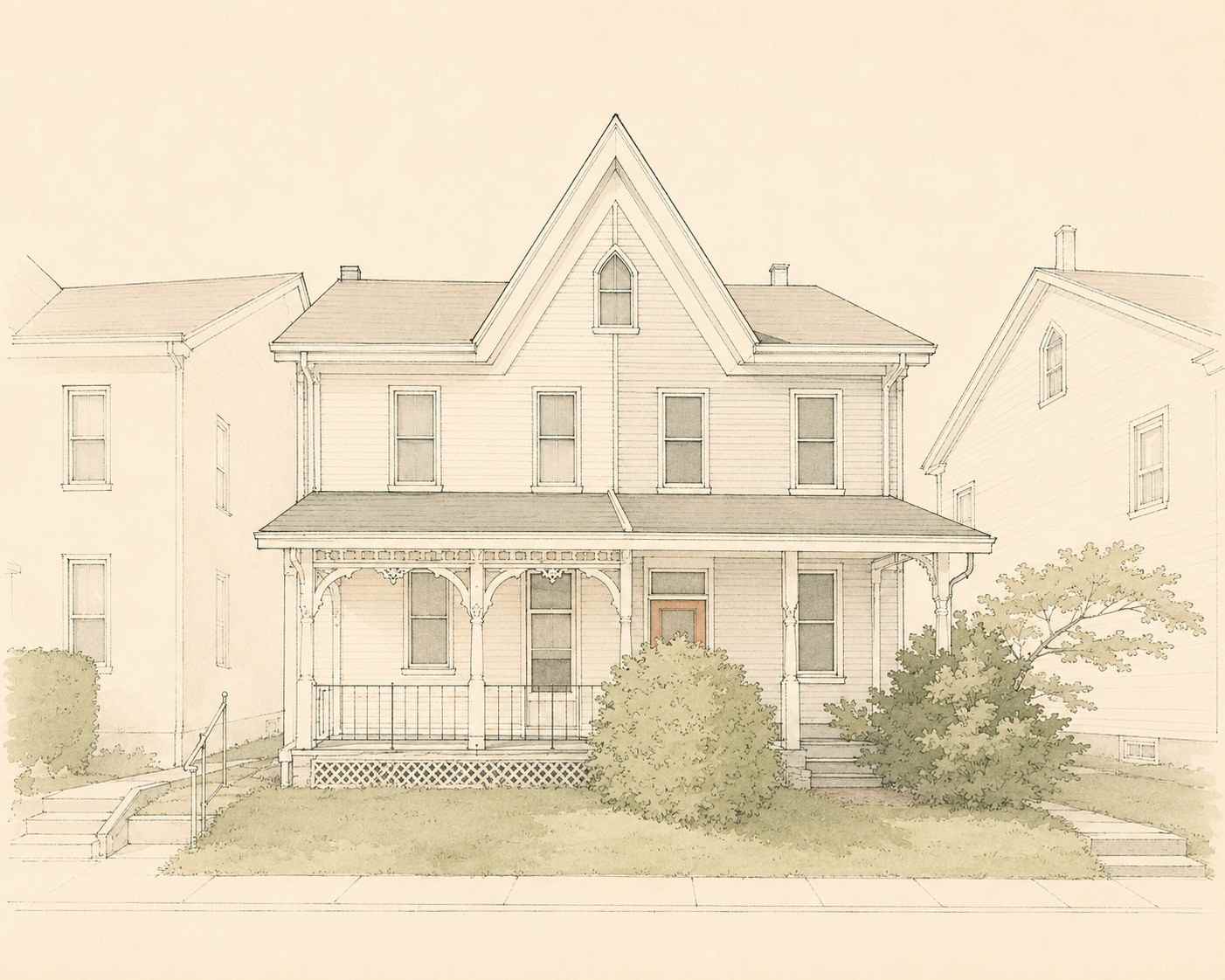 Line drawing of a historic two-story Victorian home with decorative front porch woodwork and a gabled roof in Quakertown, Pennsylvania.