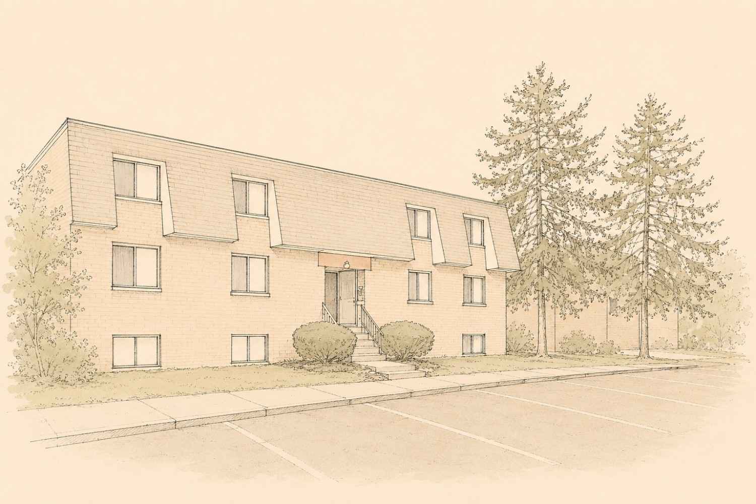 Architectural line drawing of a two-story brick condo or apartment building with parking spaces in Warminster, Pennsylvania.