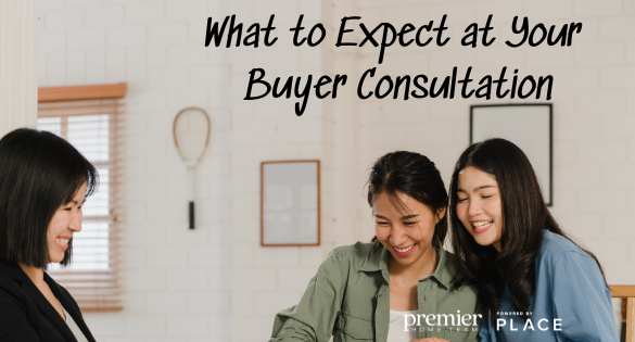 couple sitting at a table with their agent - text what to expect at your buyer consultation