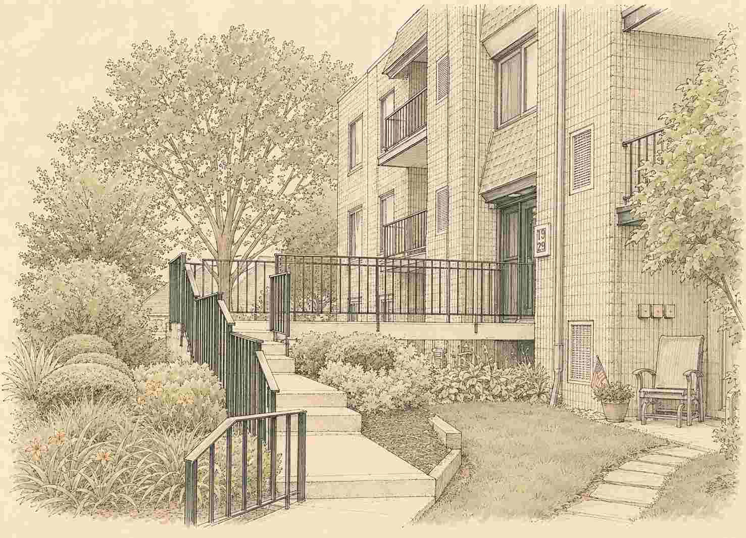 Architectural sketch of a multi-level condo building entrance featuring landscaped garden beds and outdoor stairs in Langhorne, Pennsylvania.