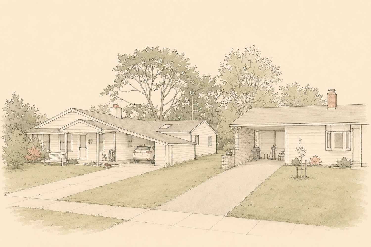 Line drawing of classic mid-century Levittown ranch homes featuring open carports, long driveways, and landscaped lawns.