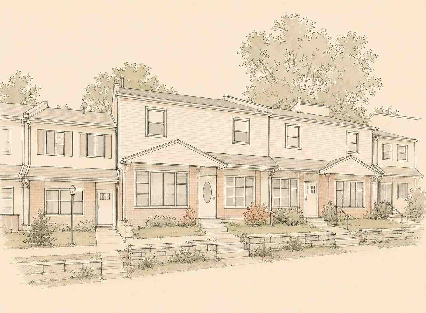 Architectural illustration of a row of two-story suburban brick and vinyl townhomes with entry walkways in Warrington, Pennsylvania.