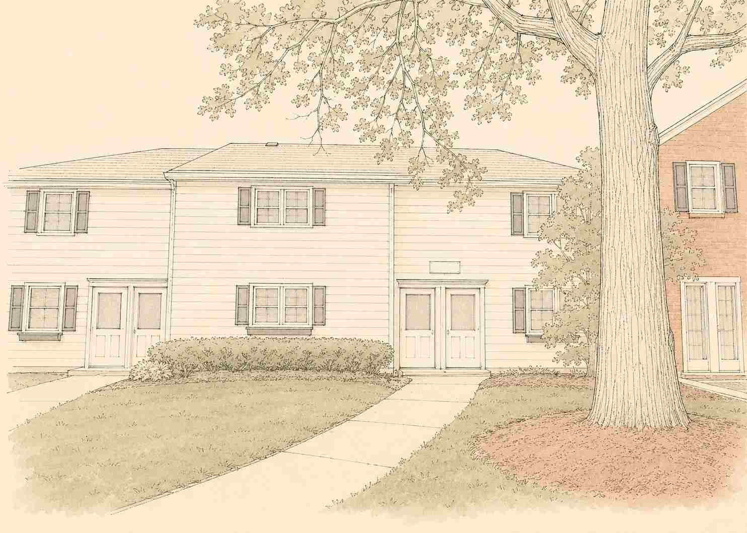 Detailed architectural drawing of a two-story townhome or condo community surrounded by mature shade trees in Yardley, Pennsylvania.
