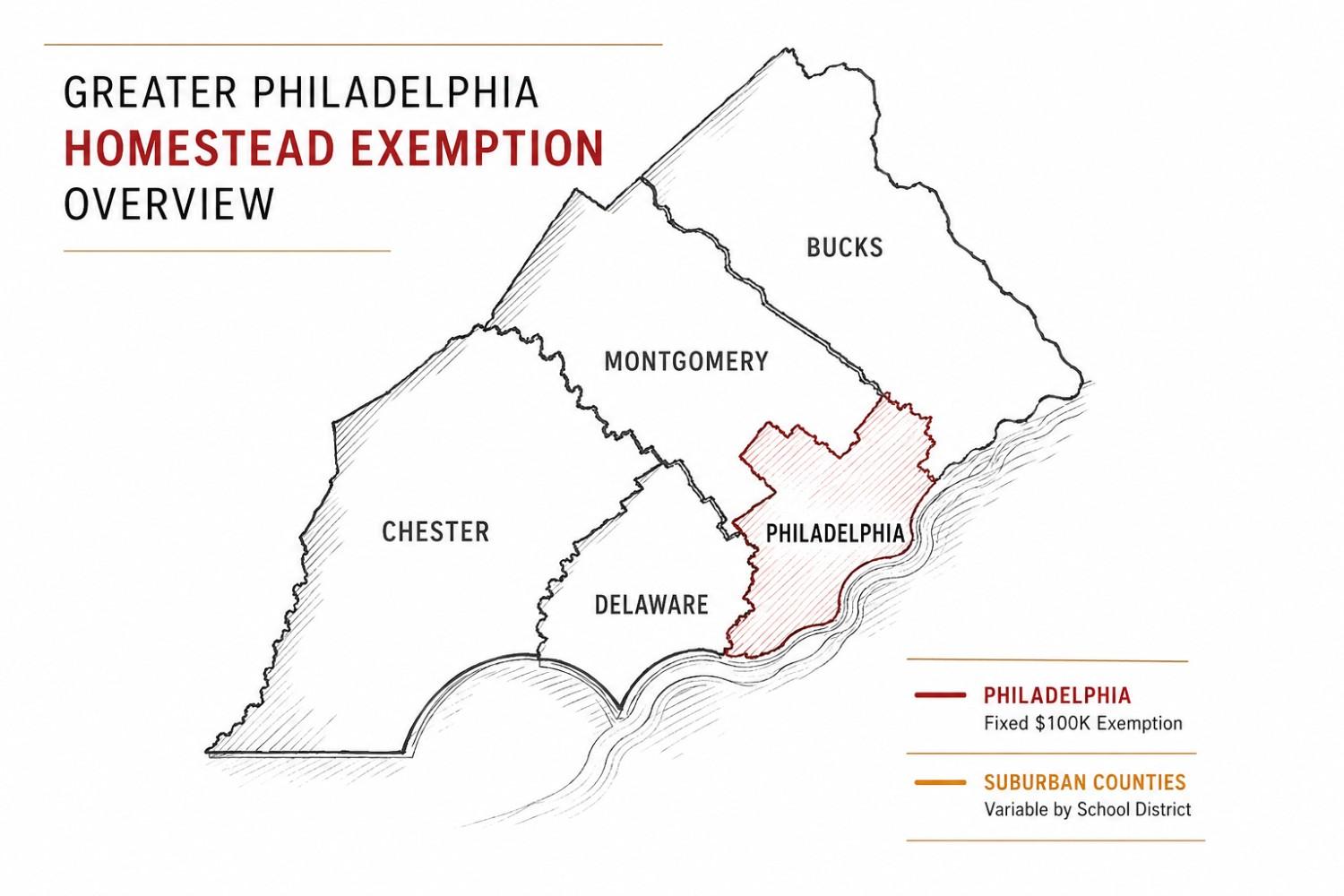 Map showing Homestead Exemption Areas, highlighting Philadelphia in green for a fixed $100K exemption. Bucks, Montgomery, and Chester are in gray.