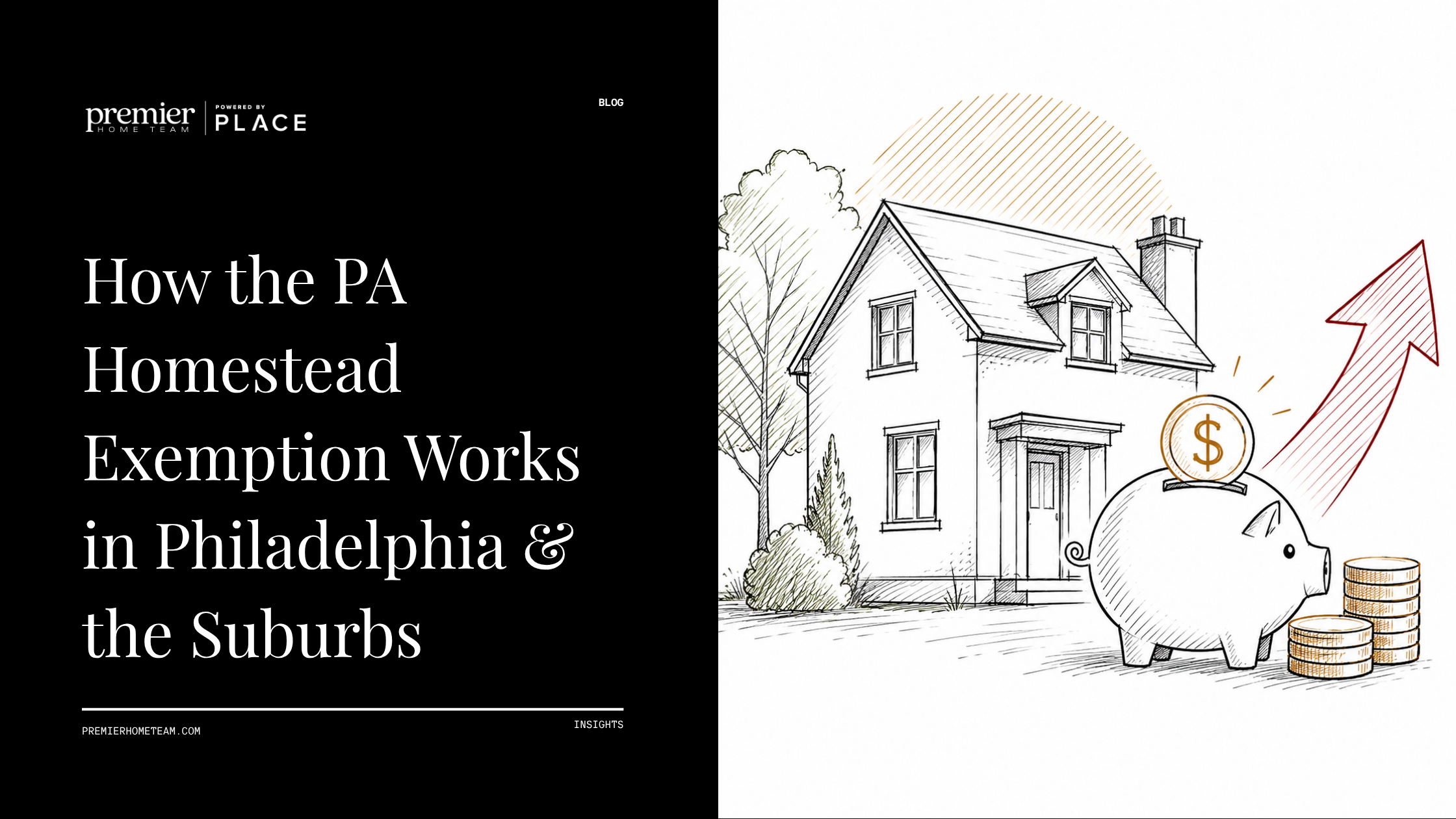 A real estate blog header image split into two sections. On the left side, bold white serif text on a black background reads, 
